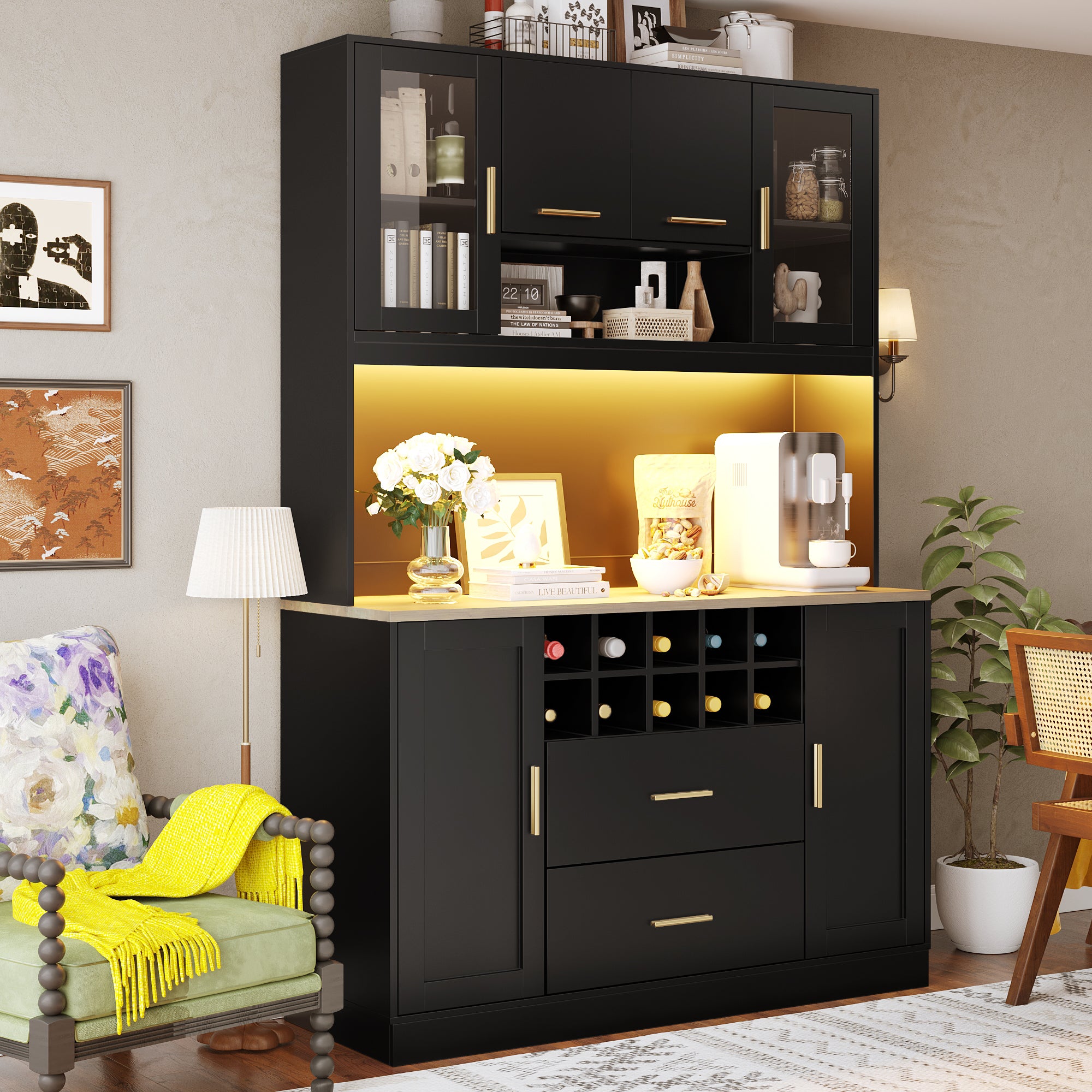 Sideboard with LED Lighting and Power Socket, 6 Doors and 2 Drawers, Black and Gold