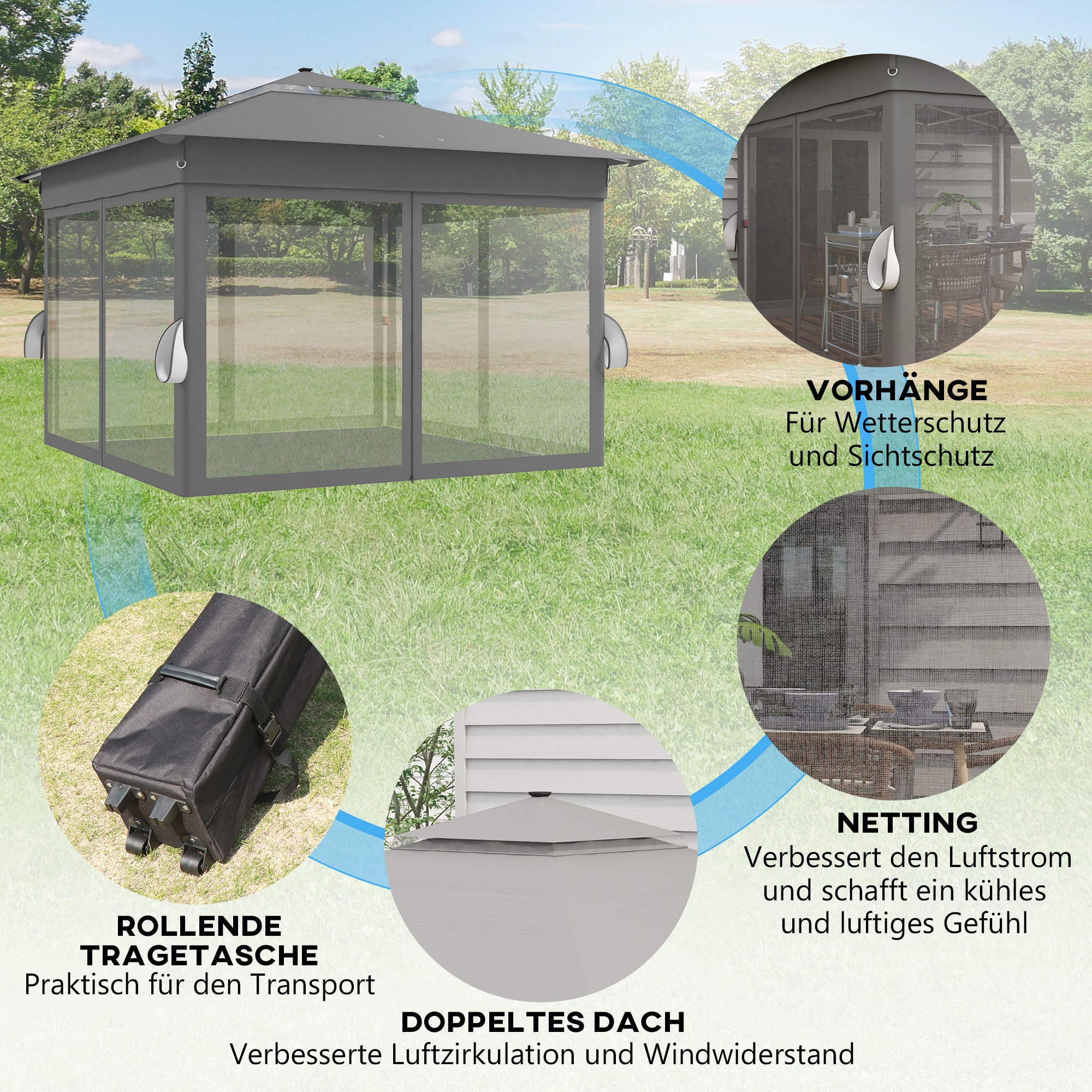 Folding Pavilion 3x3m LED Lighting Double Roof Net Curtains Dark Grey