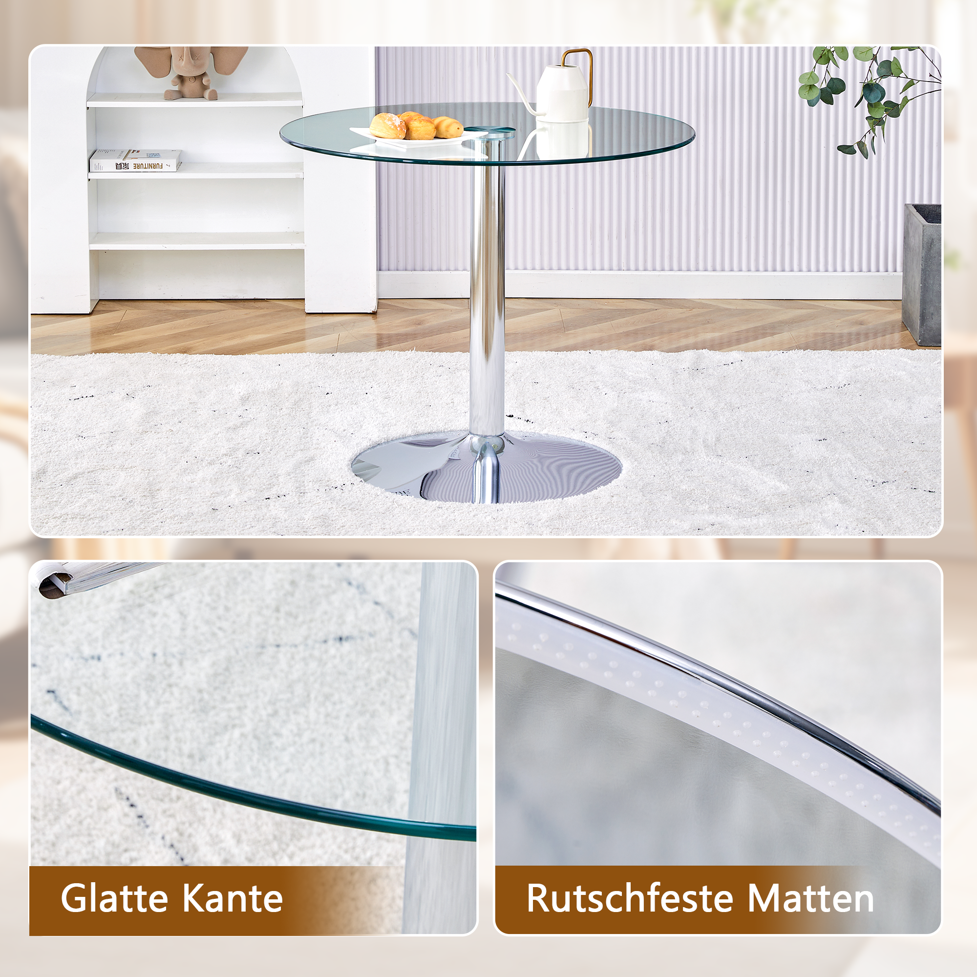 Dining Table Set, Modern Minimalist Glass Table & 4 Chairs, White PU