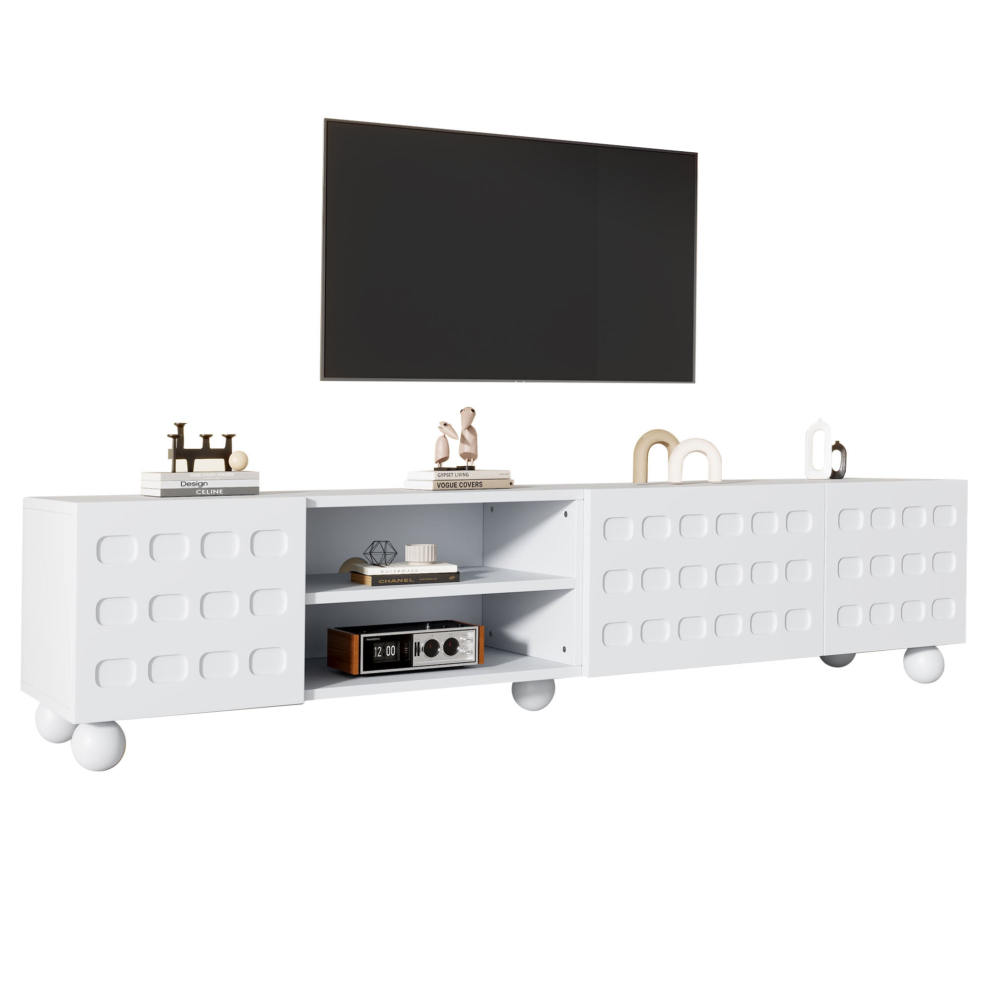 TV Cabinet 200x40x44cm, 3-Door, Printed Design, for up to 80-inch TVs, White