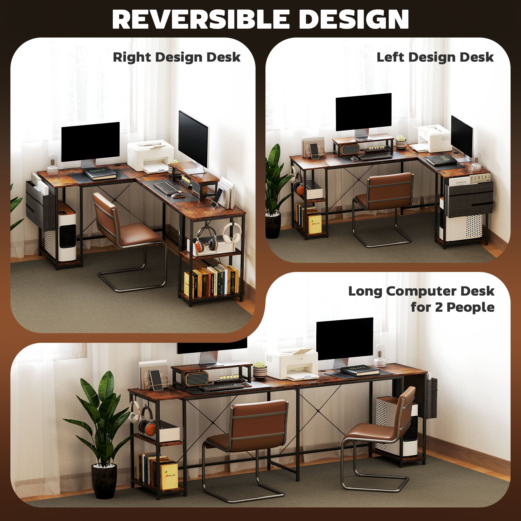 Reversible L Shaped Desk, 2 Person PC Table with Adjustable Shelf and Monitor Stand, Rustic Brown