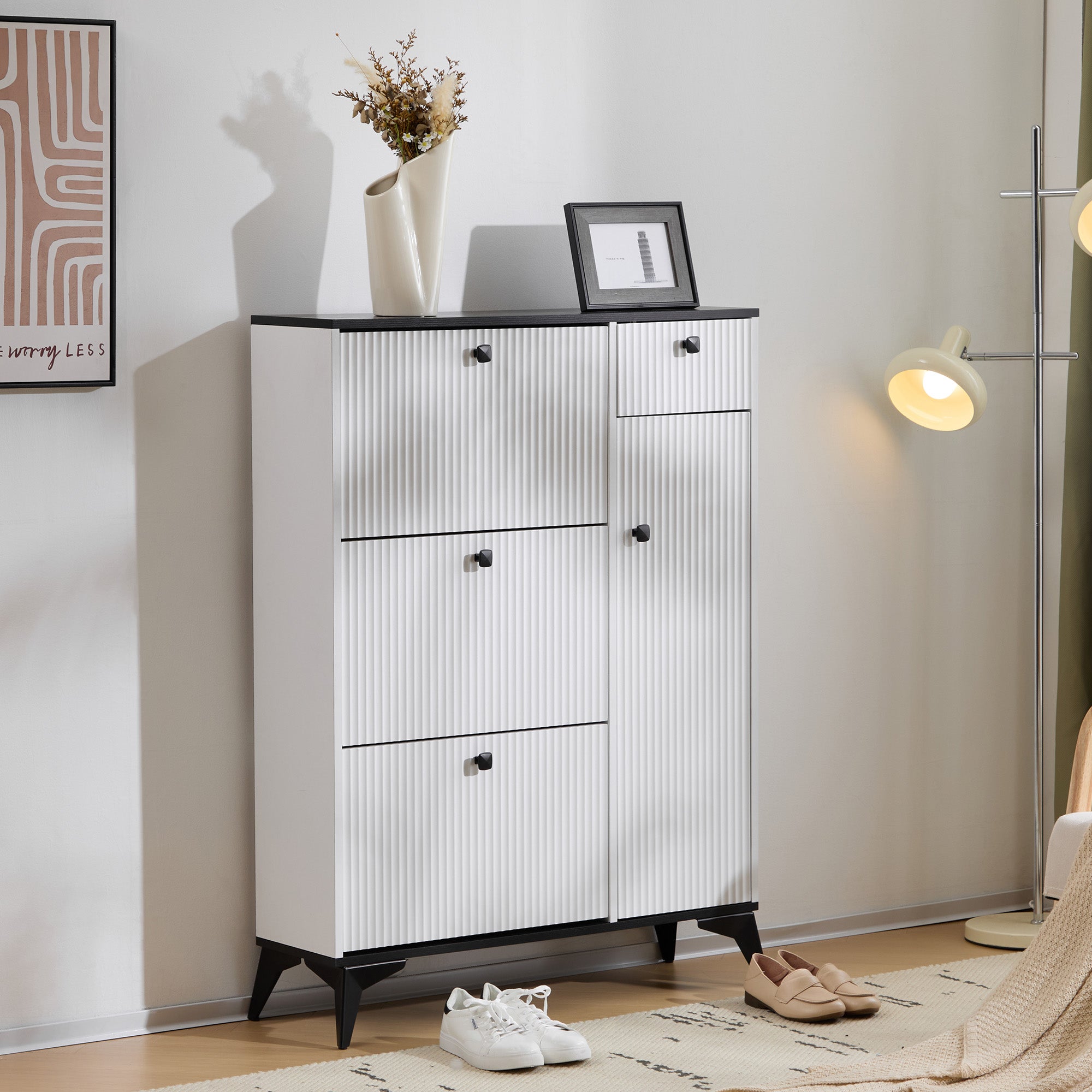 Shoe cabinet with 3 flaps, 1 drawer, 1 door, white