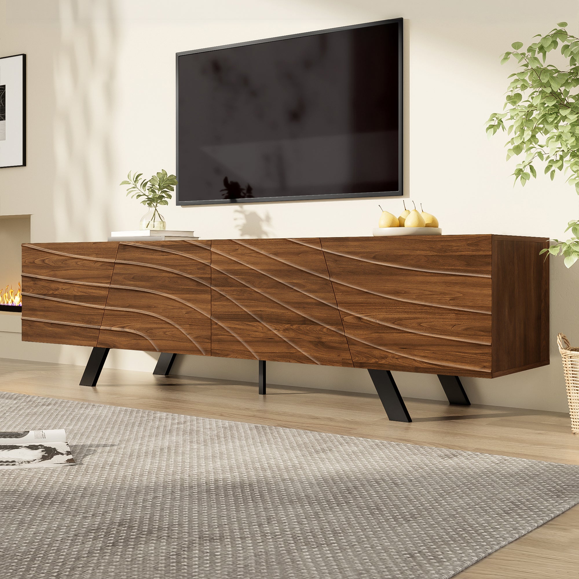 Modern TV Cabinet Lowboard, Wave Front, Cable Management, Walnut Look