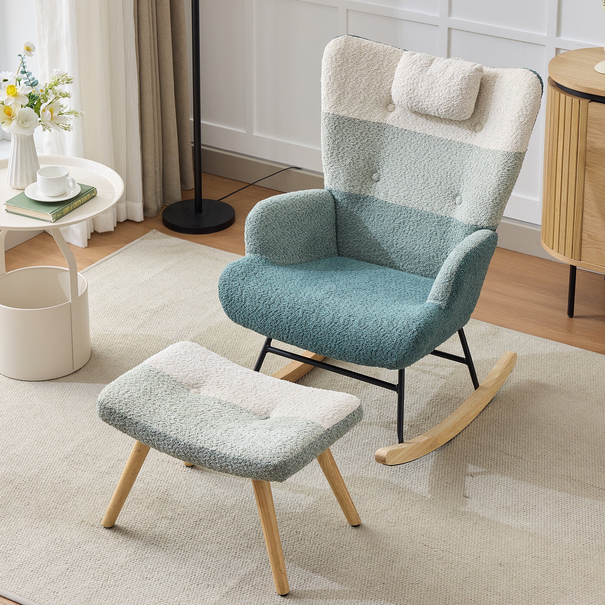 Boucle Rocking Chair Patchwork Stripe Rubberwood Iron Frame with Footstool, Colorful Look