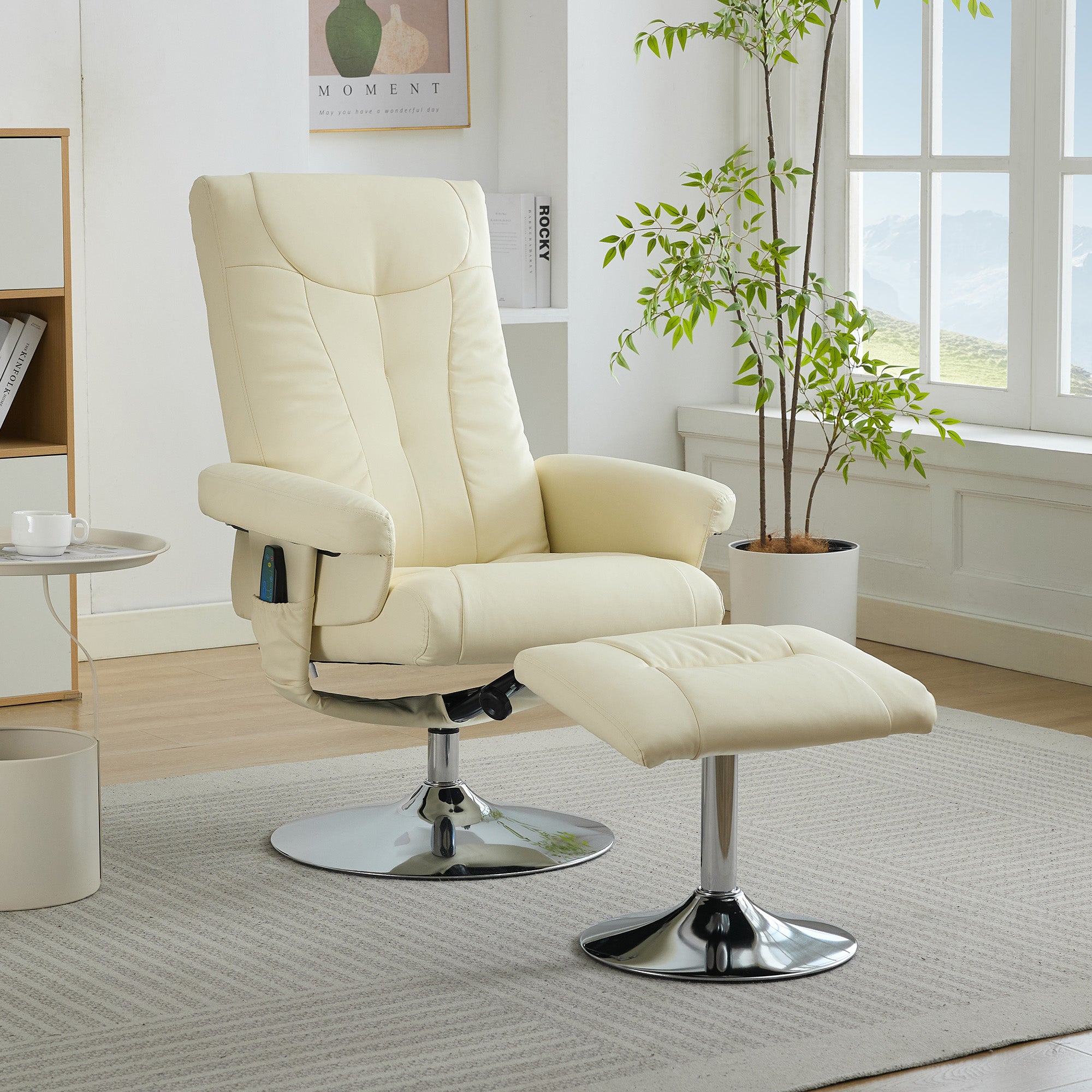 Recliner Chair with 5-Point Massage, Electric Heating, 360° Swivel, PU Fabric Beige