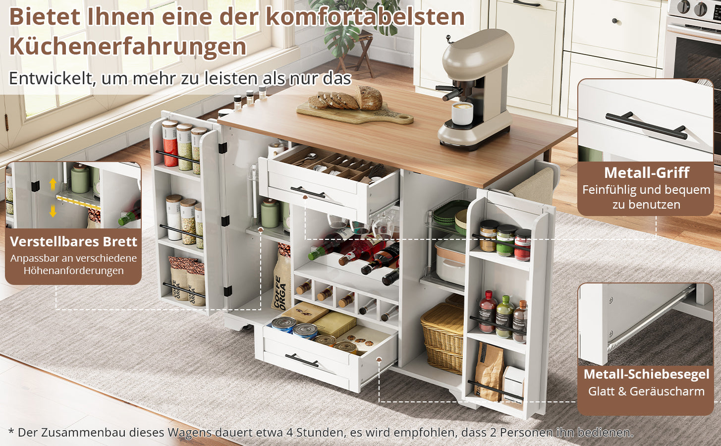 Kitchen Trolley Mobile Folding Worktop Wine Rack Storage - White