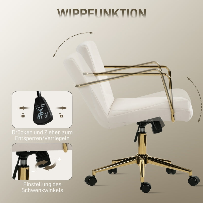 Rolling Office Chair Gold Accents Velvet Look Metal Base - Cream White