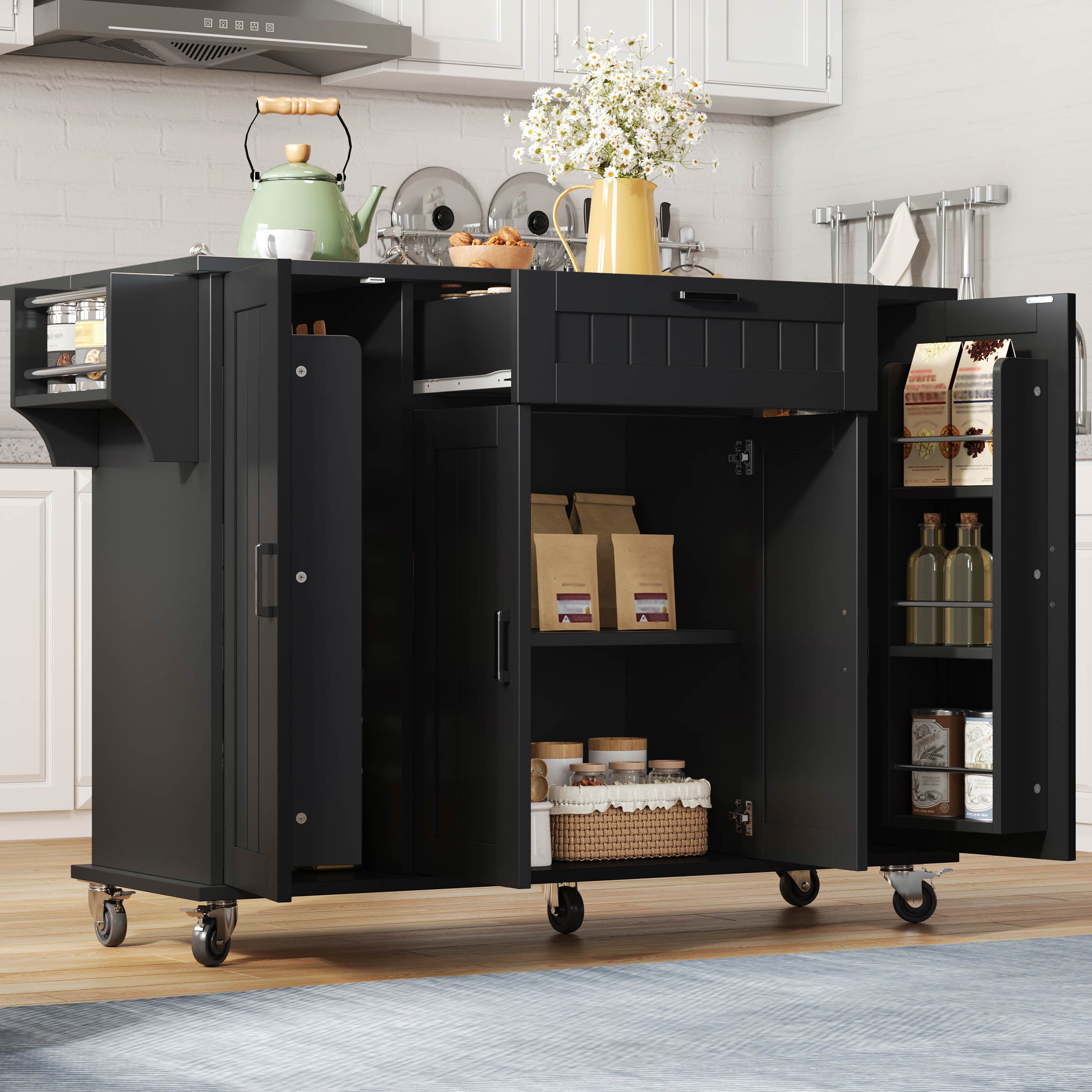 Mobile Kitchen Island with Folding Worktop and Storage Cabinet 4 Doors Black