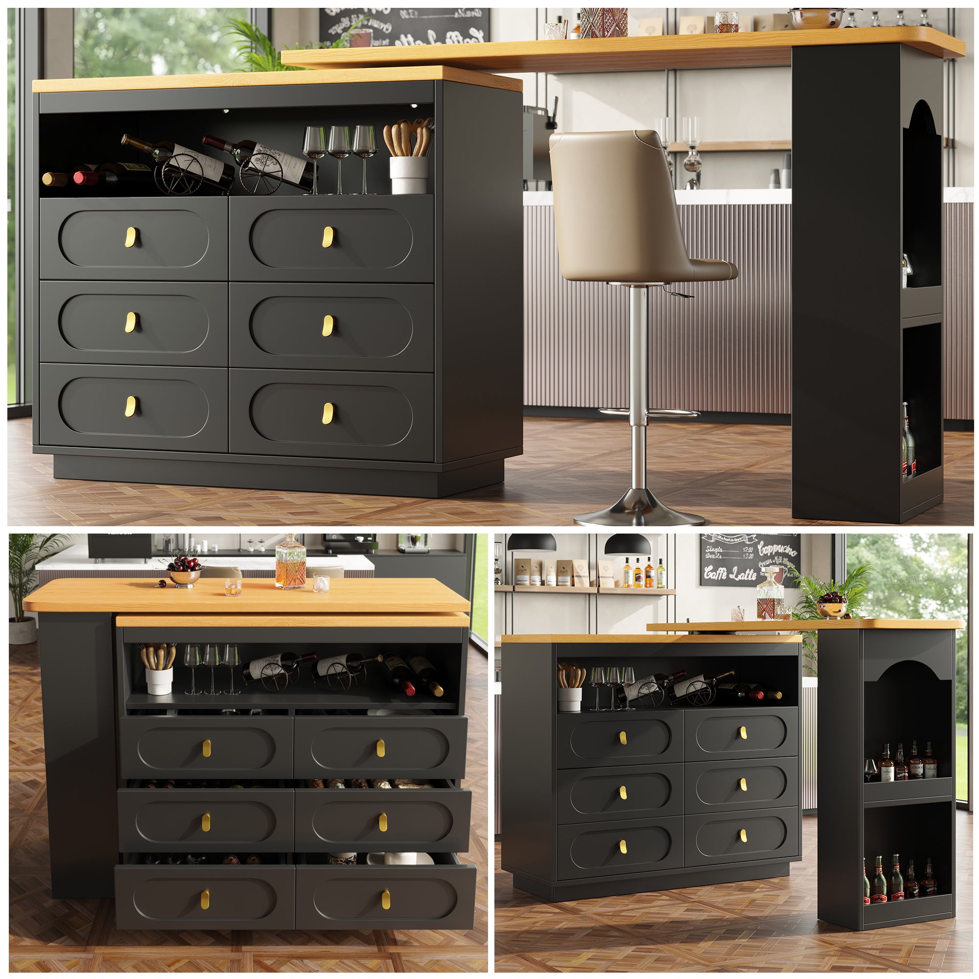 Bar Table Extendable 360° Swivel Mobile Storage Drawers - Black