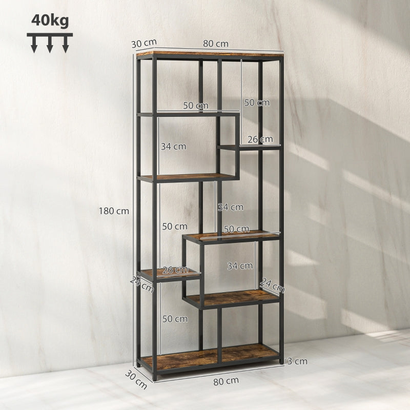 Seven-Tier Geometric Bookcase Asymmetrical Storage Metal Frame, Brown/Black Engineered Wood