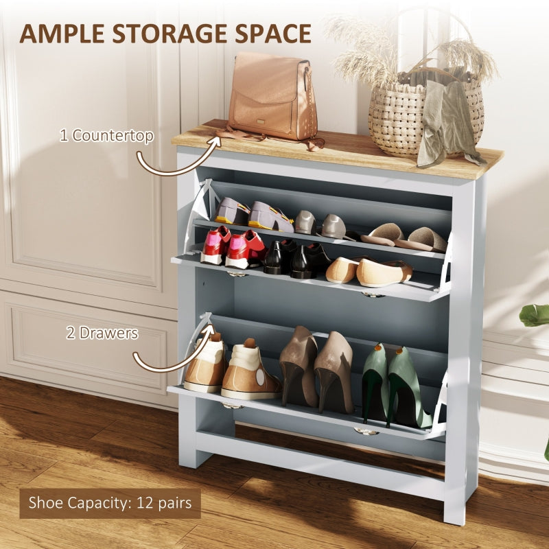 2 Drawer Shoe Cabinet Narrow Hallway Storage Organiser Wooden Grey