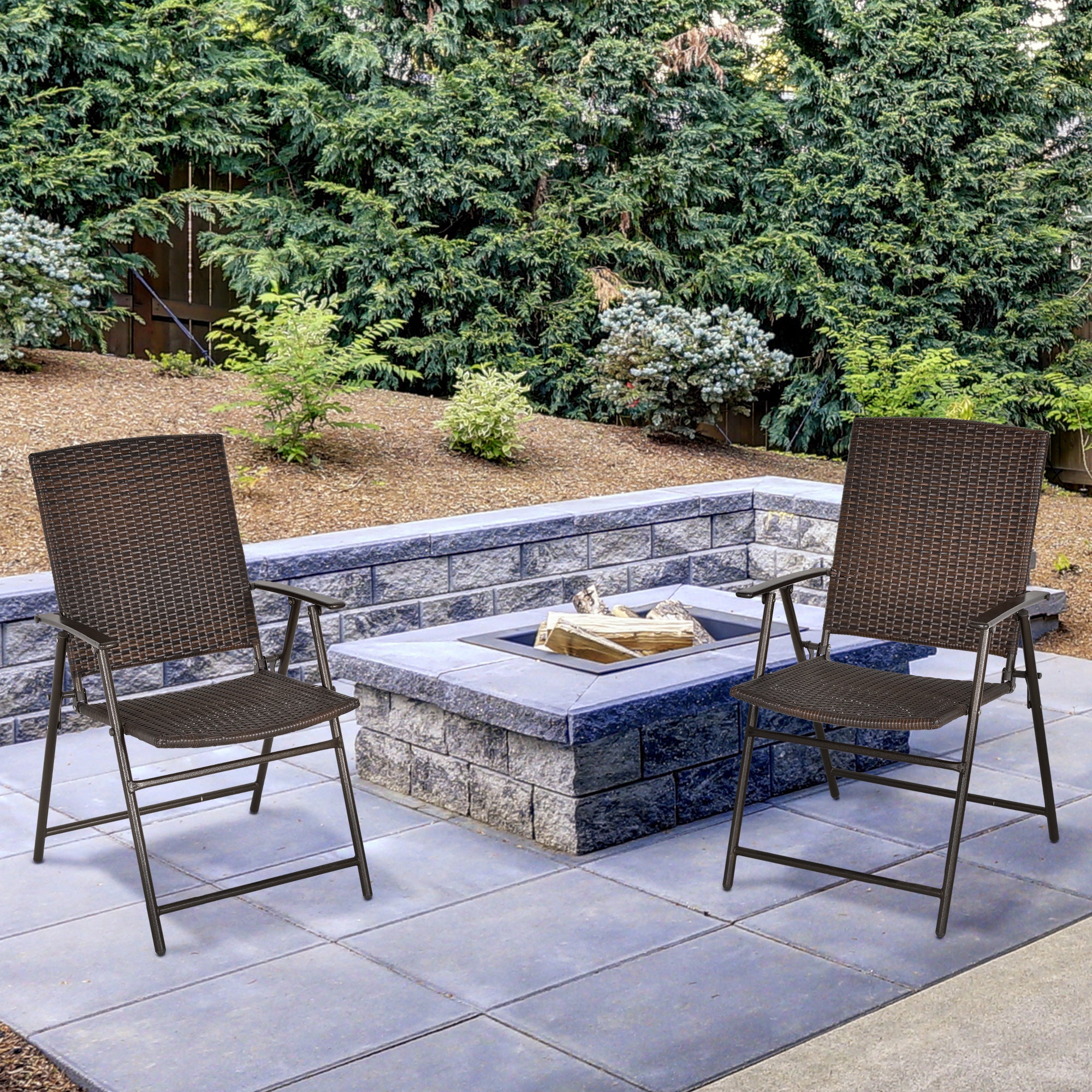 Folding Rattan Chairs Set of Two - Brown