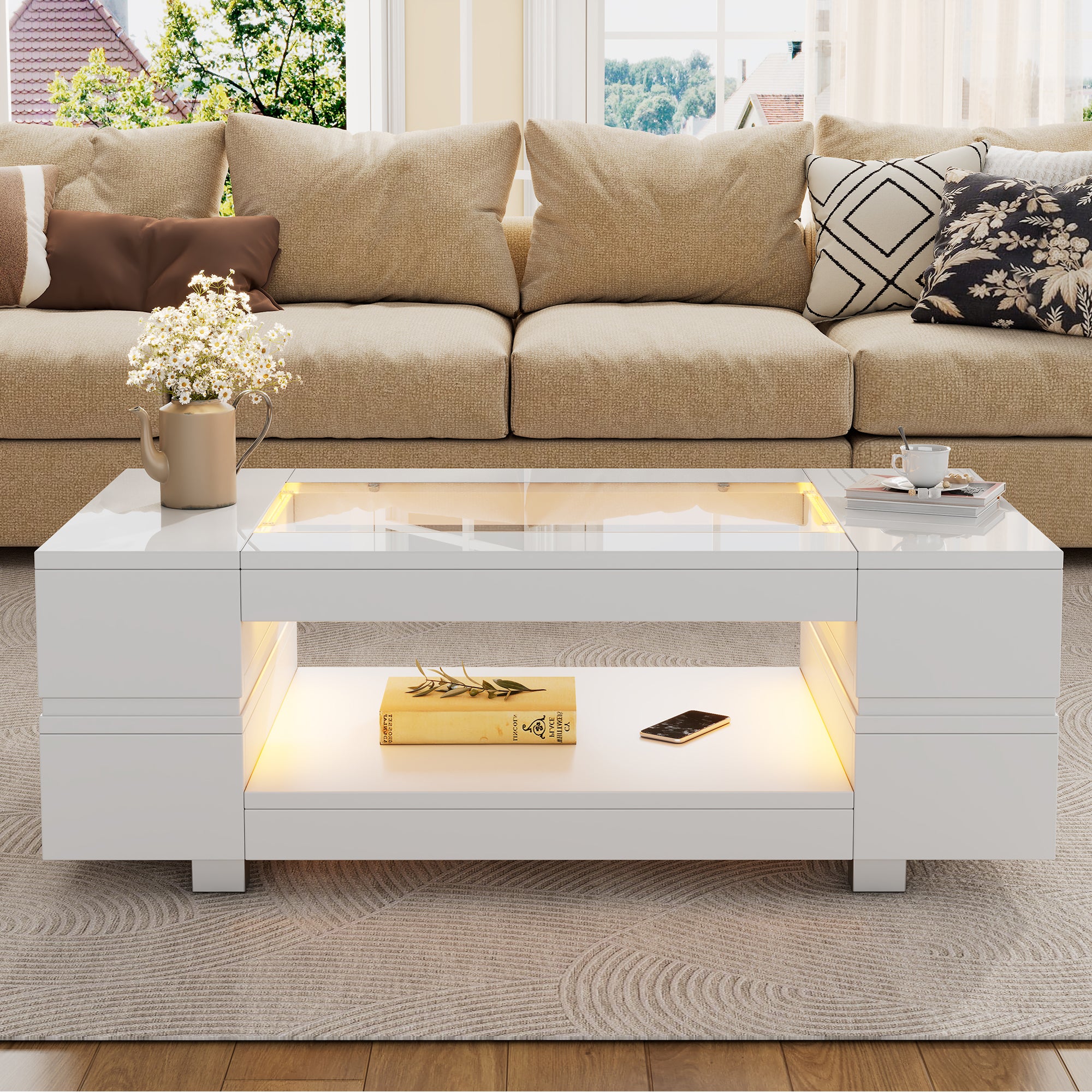Hollow Coffee Table with Open Storage LED High Gloss Glass Top, White MDF+Glass