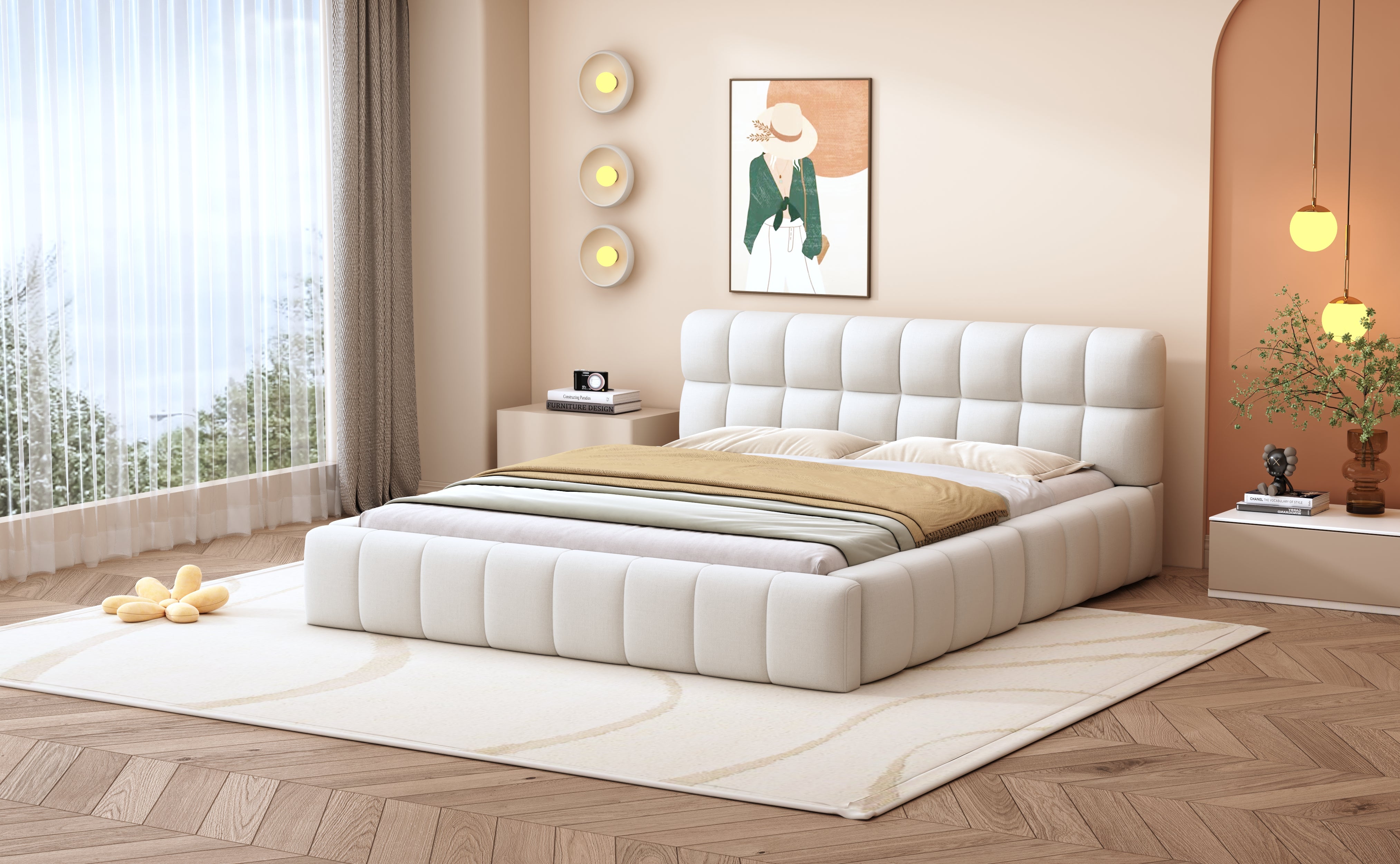 Upholstered Bed, 140x200cm Double with Soft Backrest, Linen Beige