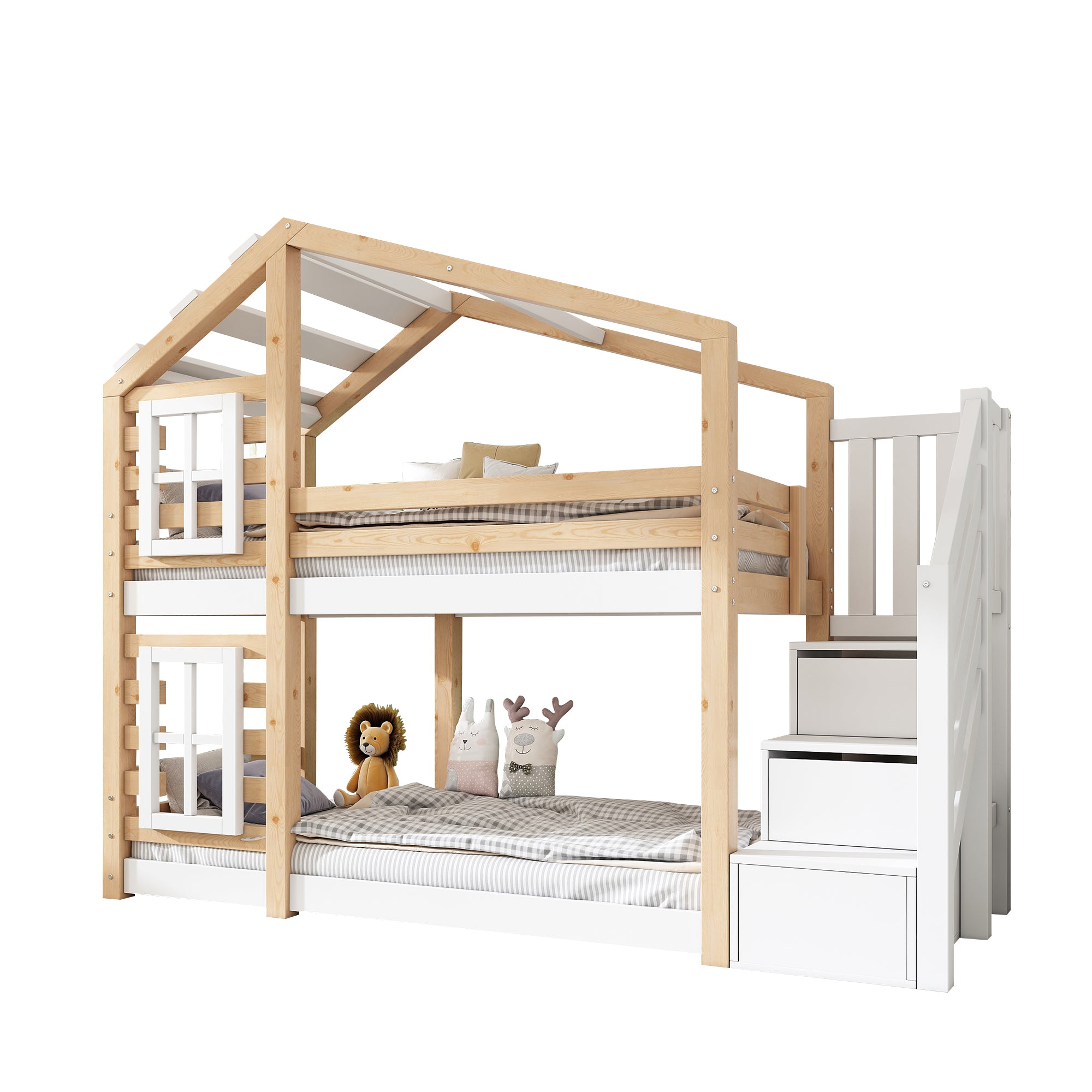 Children's Treehouse Bunk Bed 90x200cm Window Design Storage - Natural & White