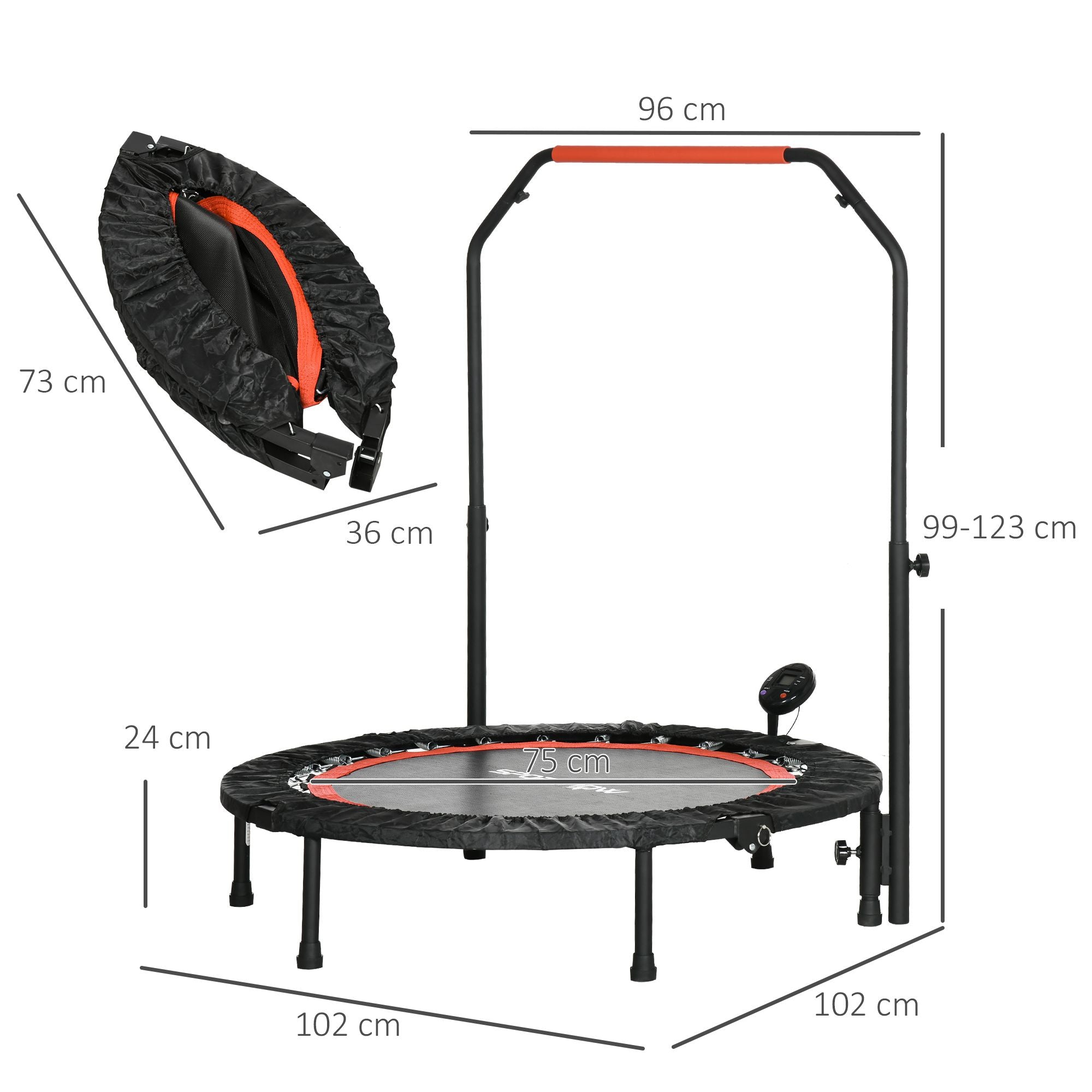 Mini Trampoline, LCD Monitor, 4-Way Adjustable Handlebar, Black/Blue