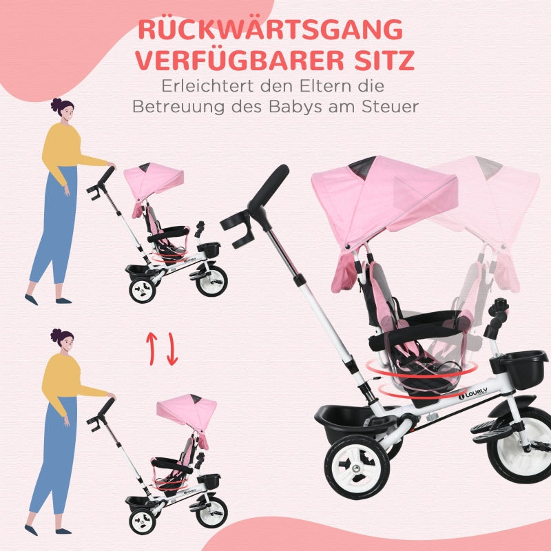 6-in-1 Children's Tricycle with Push Bar, Canopy and Storage Basket, Pink
