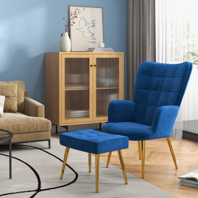 Modern Armchair with Footstool, Upholstered Accent Chair with Steel Legs, Dark Blue Velvet