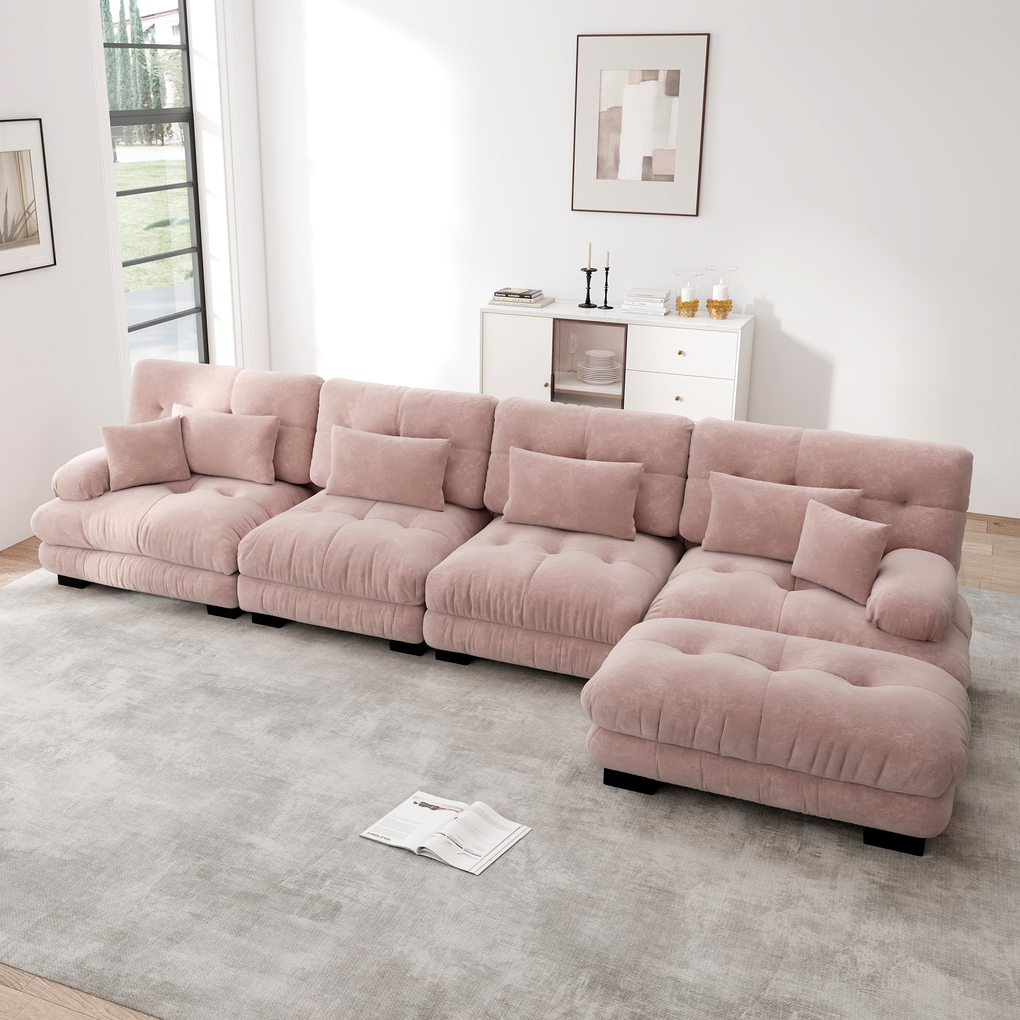 Modular Corner Sofa, L-shaped 4-Seater with Movable Ottoman, Chenille Pink