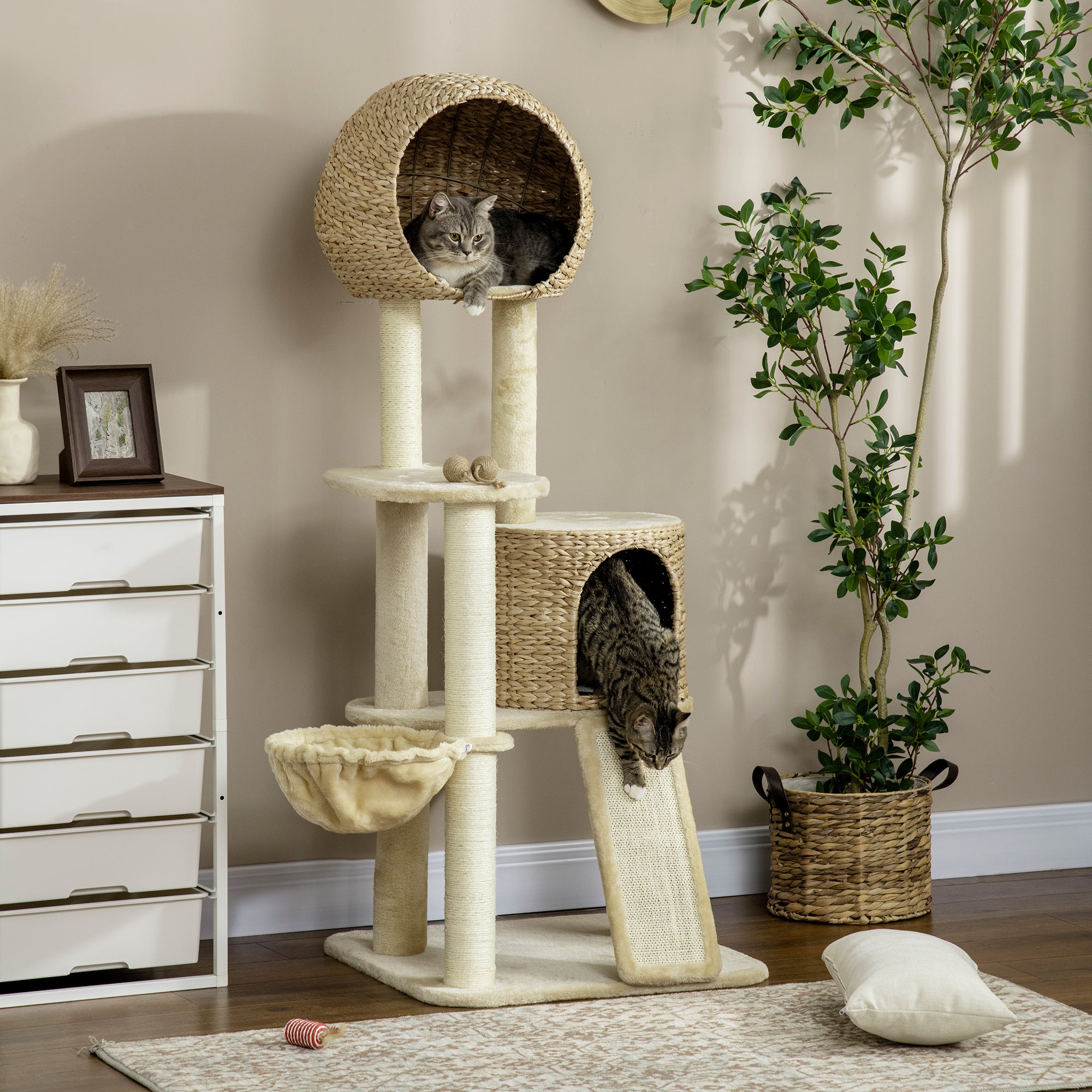 Cat Tree Rattan Cat House, Multiple Platforms, Hammock, Ramp, Anti-tip, Plush Beige