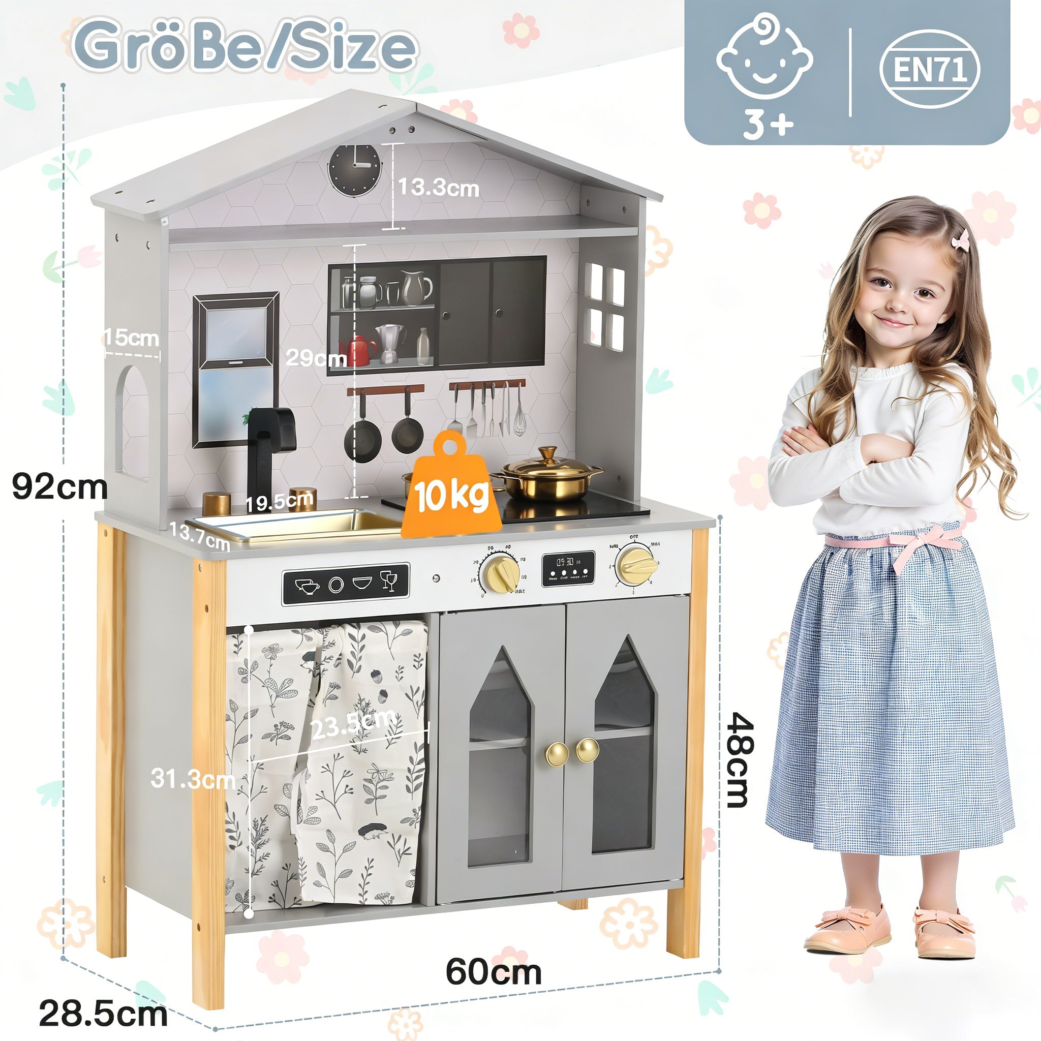 Children's Play Kitchen with Creative House Design and Accessories, Wood and Plastic, Grey