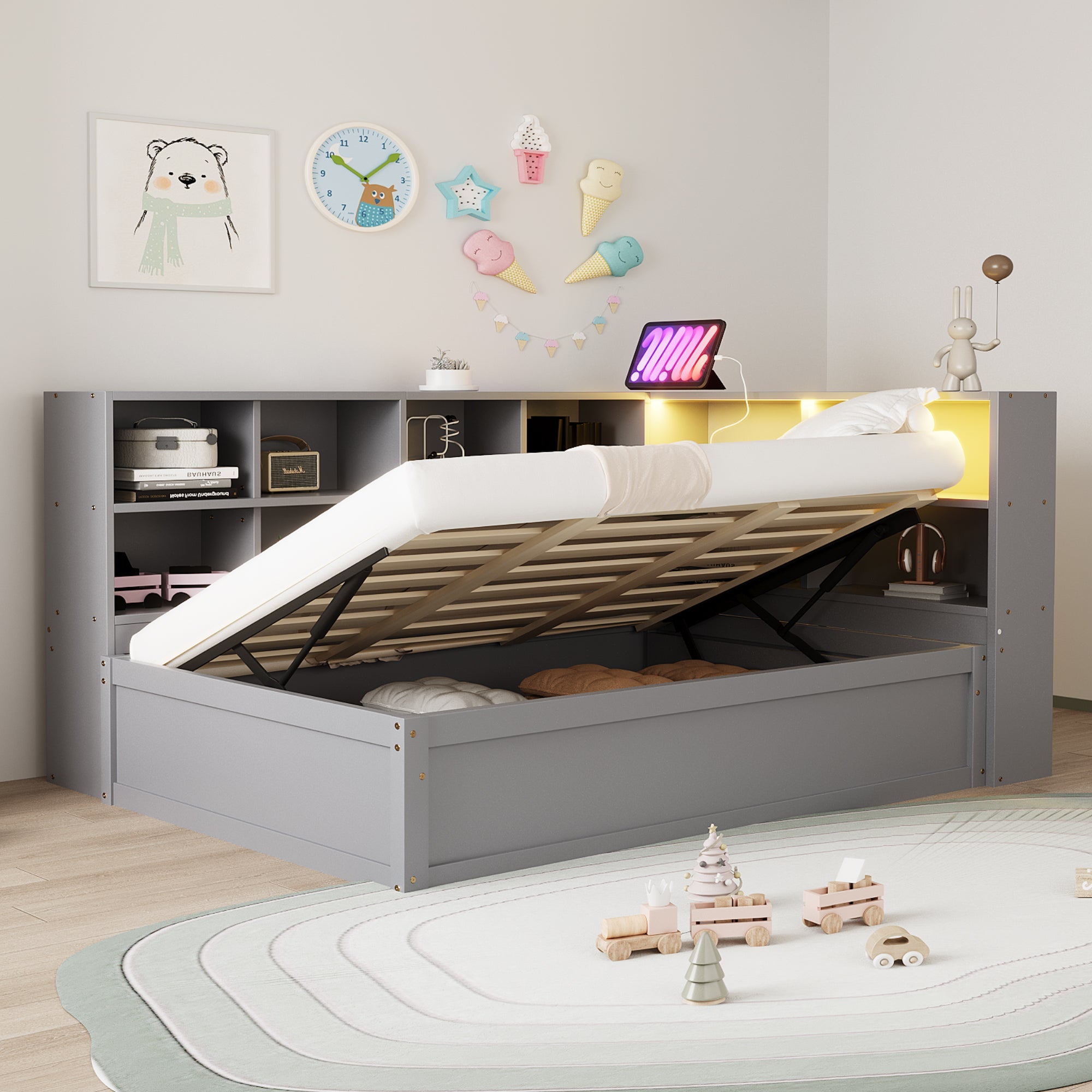 Sofa bed 90*200, multiple sockets, storage, light bar, hydraulic, solid wood, single, multifunctional wooden, gray