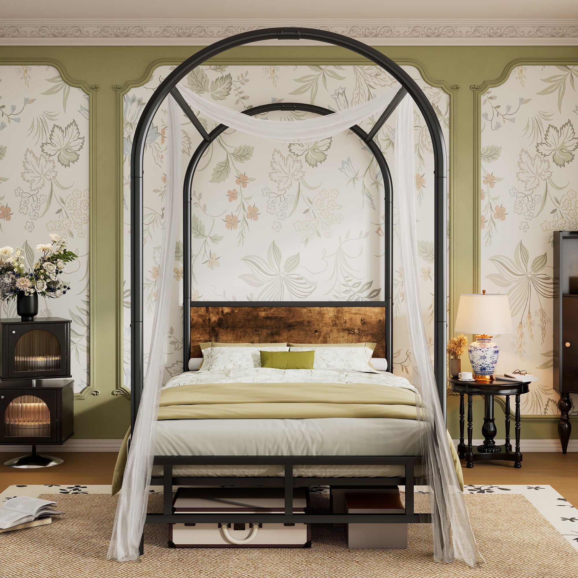 Metal Bed, 3FT Single Bed 90x190cm, Durable and Sturdy Canopy Twin Bed, Black+Wood Color, Iron