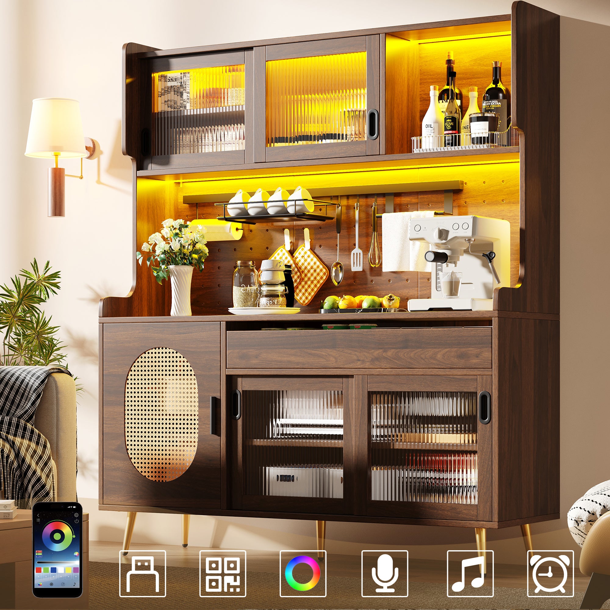 Sideboard Kitchen Buffet Cabinet with LED Strip and Fluted Glass Doors, Brown and Black