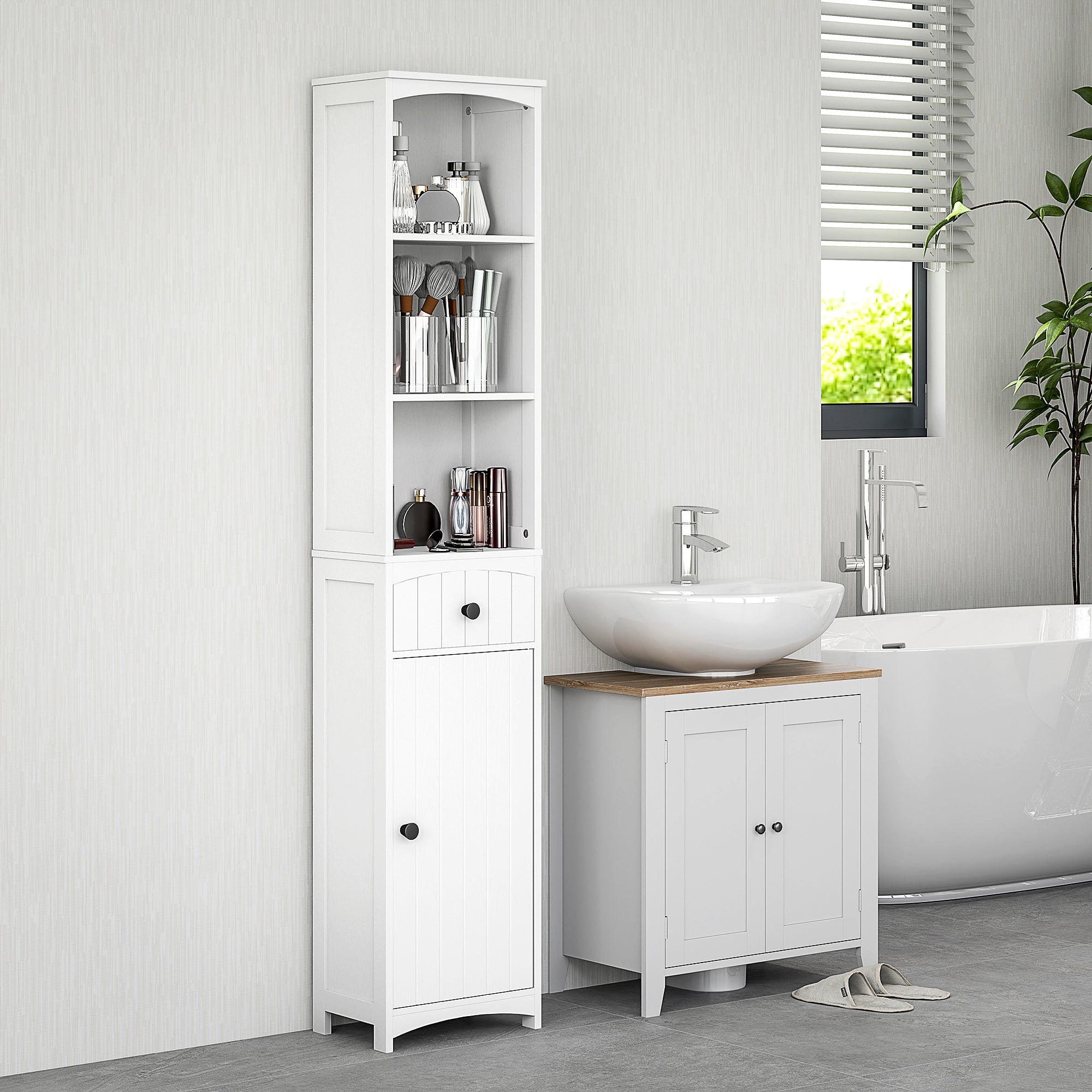Bathroom Cabinet, Tall with 3 Shelves, 1 Drawer, White