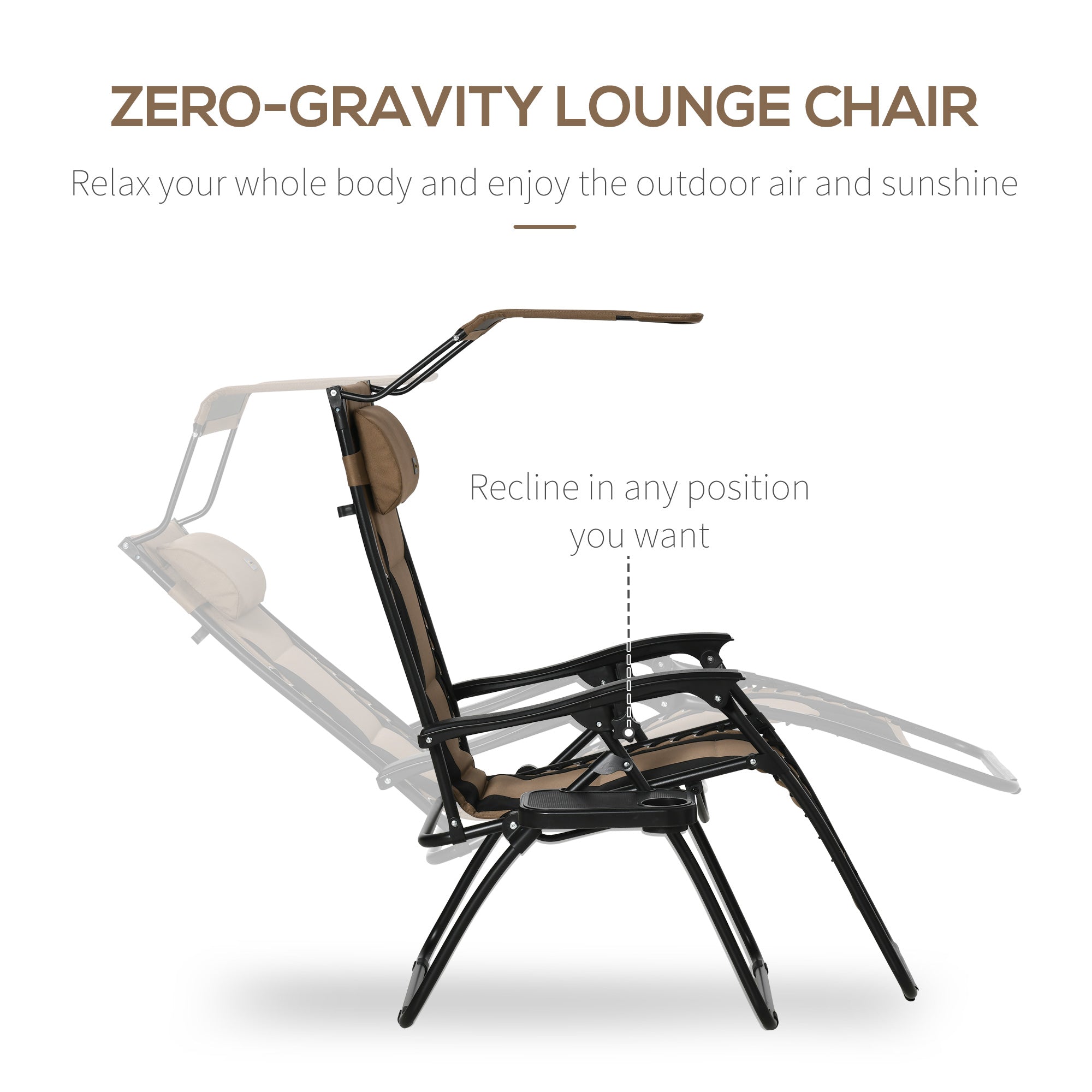 Zero Gravity Lounger Chair, Folding Reclining with Shade Cover, Padded Seat, Cup Holder, Coffee