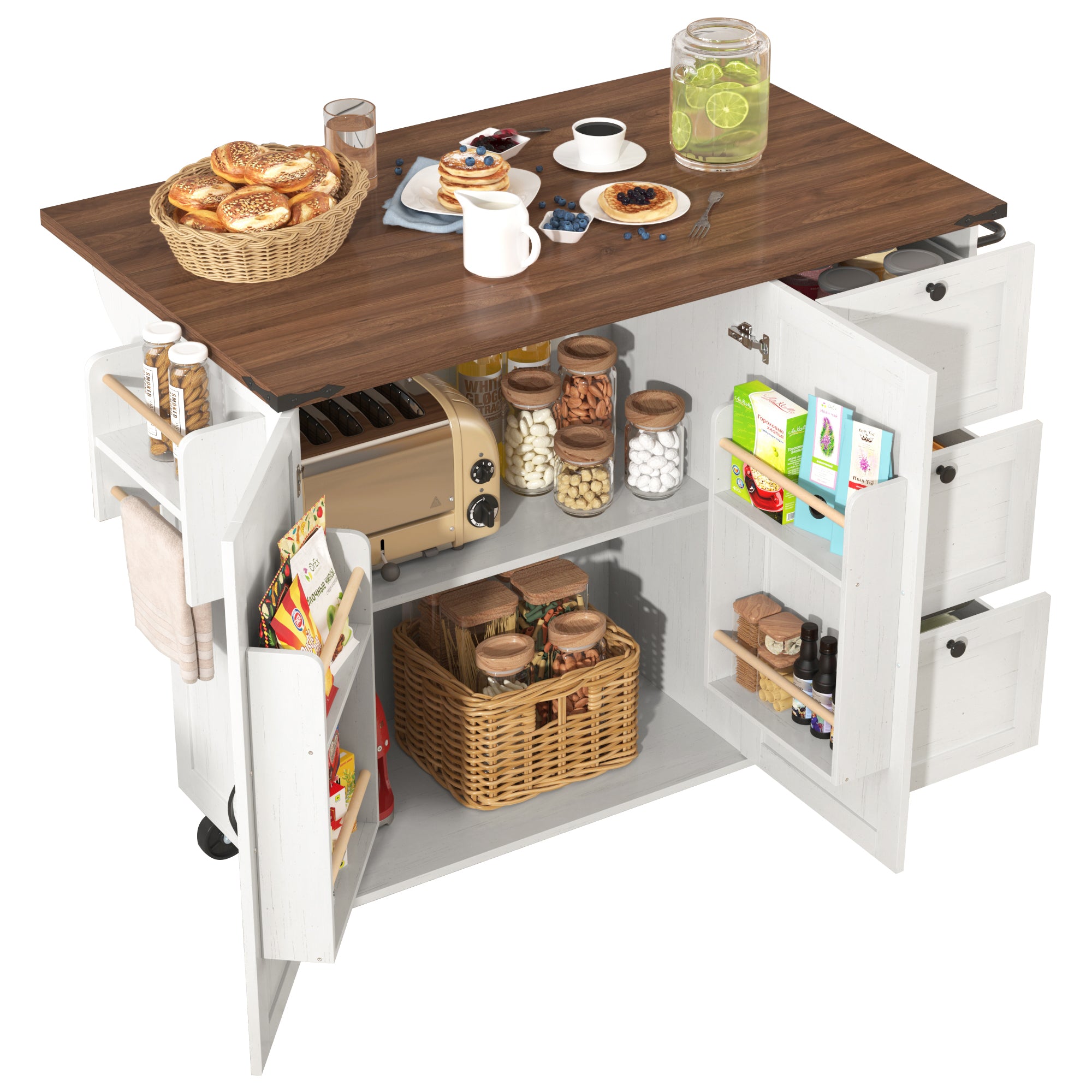 Kitchen Island Serving Trolley Extendable Worktop Storage Cabinet 2 Doors 3 Drawers, Wood Grain Finish