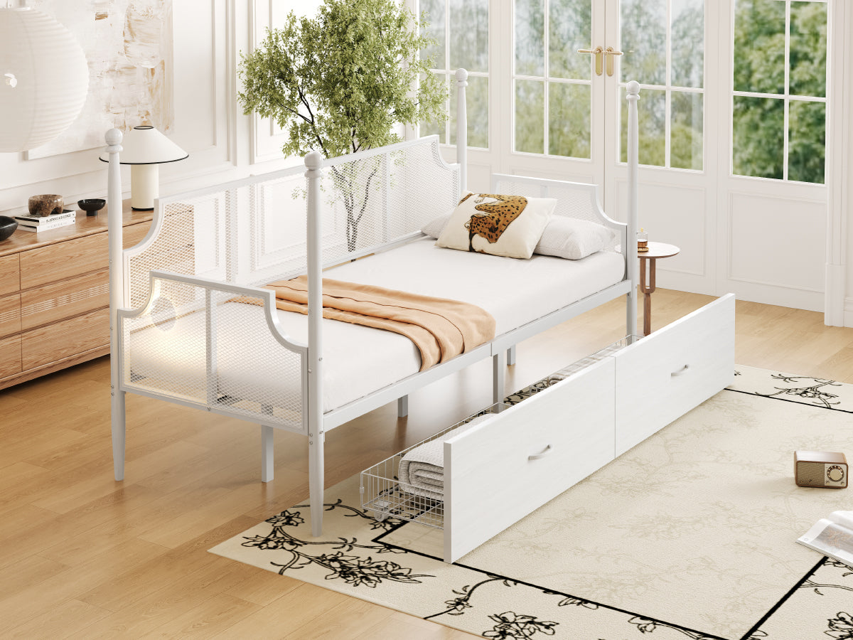 Iron Sofa Bed, 90x200 Vintage Mesh with Storage, White