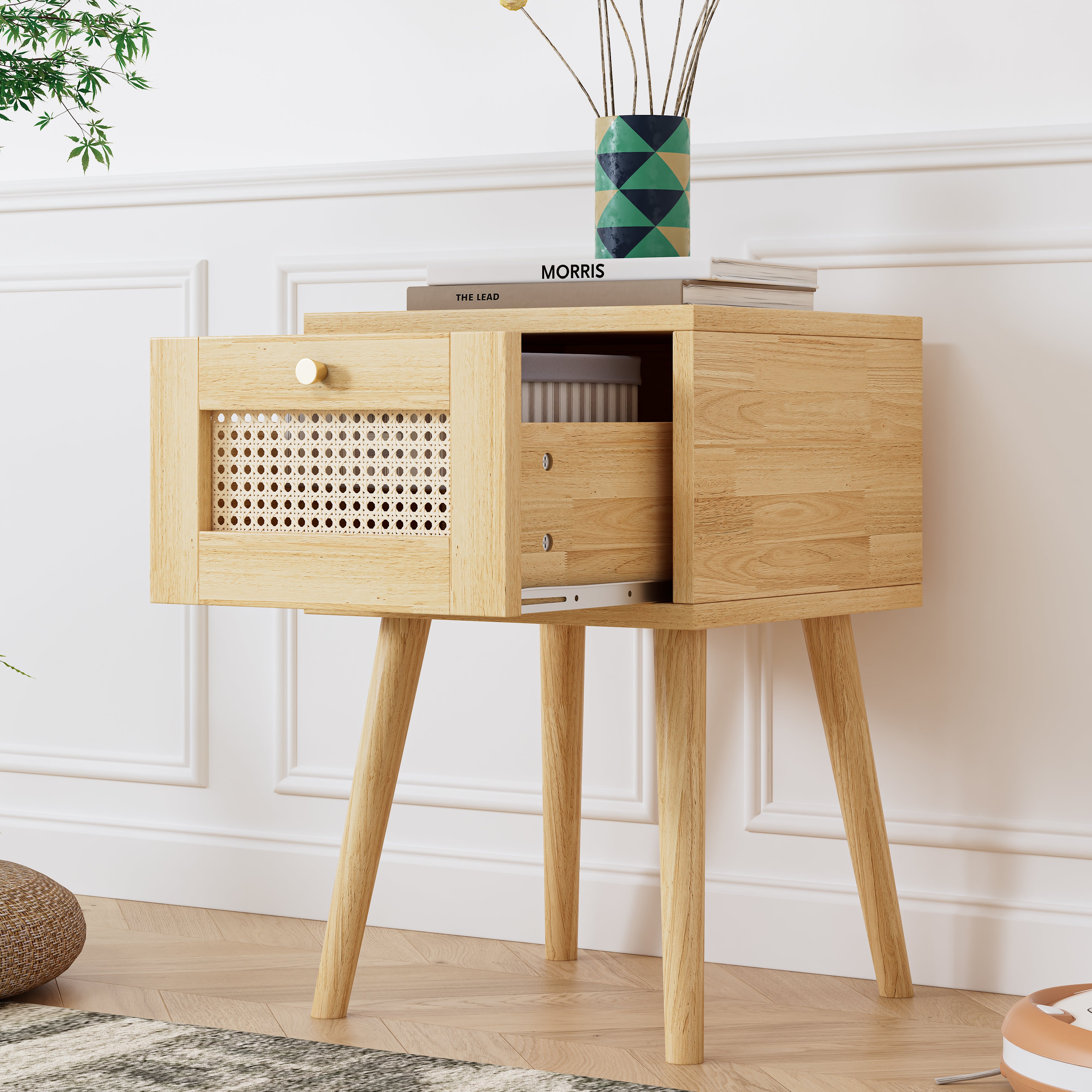 Classic Bedside Table with Rattan Drawer & Gold Handle, Natural