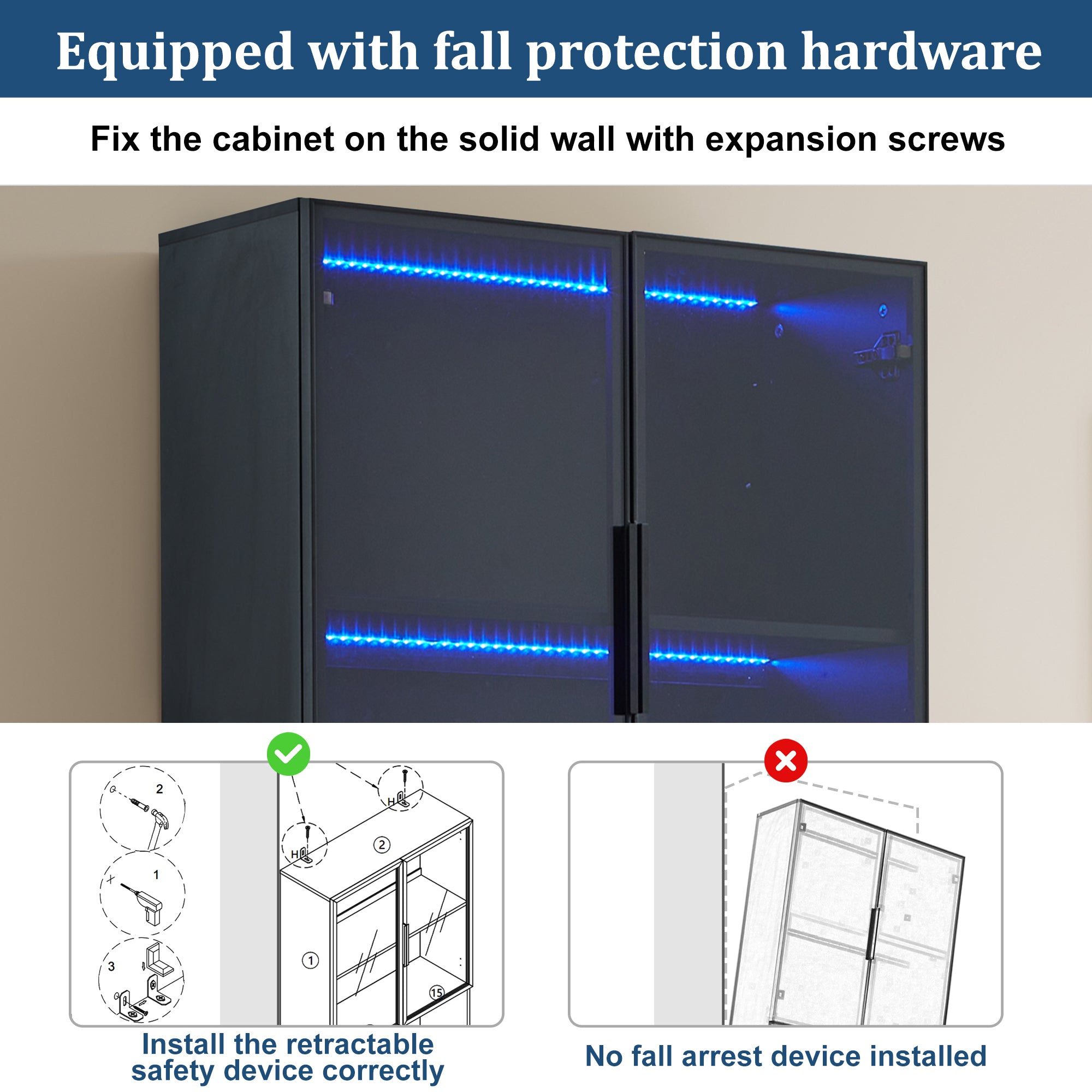 Display Cabinet, Minimalist LED Glass Doors, White with Black Decoration
