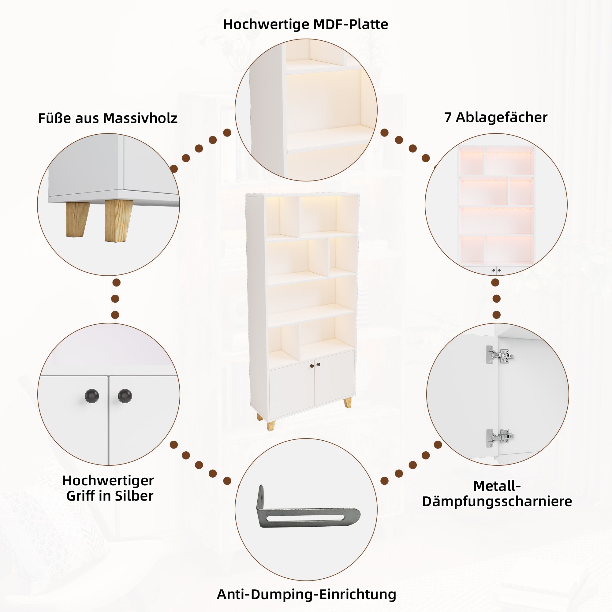 Bookshelf with Solid Wood Legs and LED Ambient Light, White