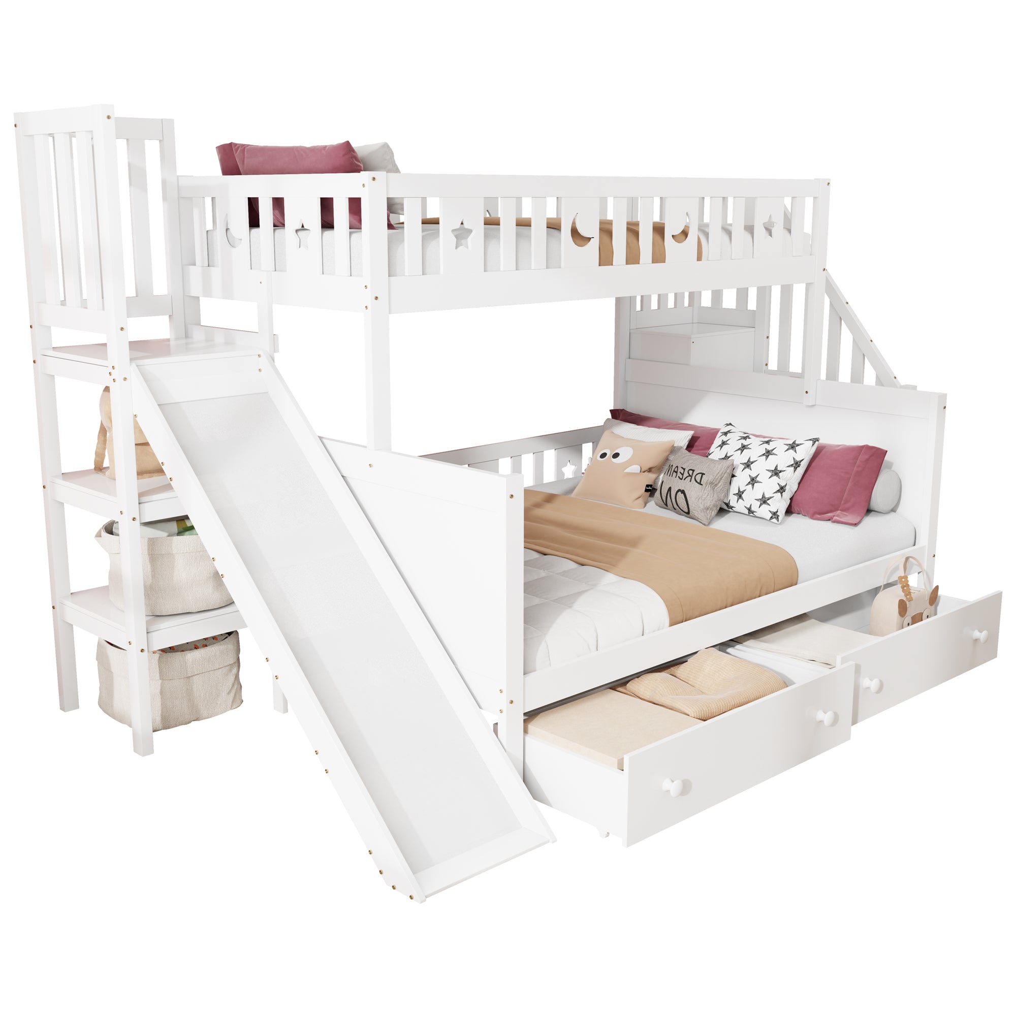 Children's Bed Bunk with Slide, Shelf, Drawers, White