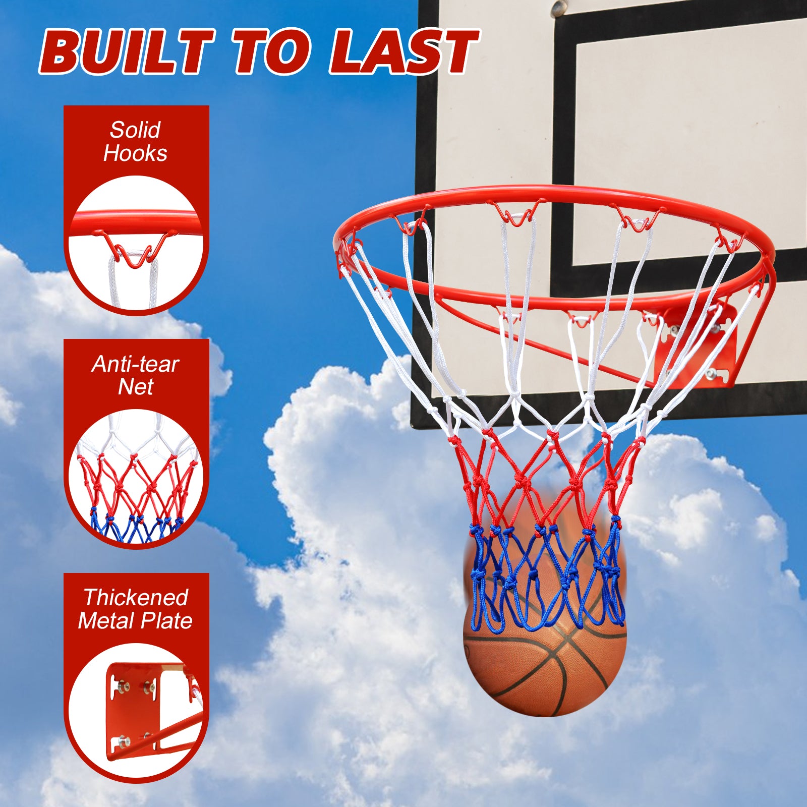 Basketball Rim Replacement, Heavy Duty, Wall/Door Mounted, In-Ground & Wall-Mounted, Red