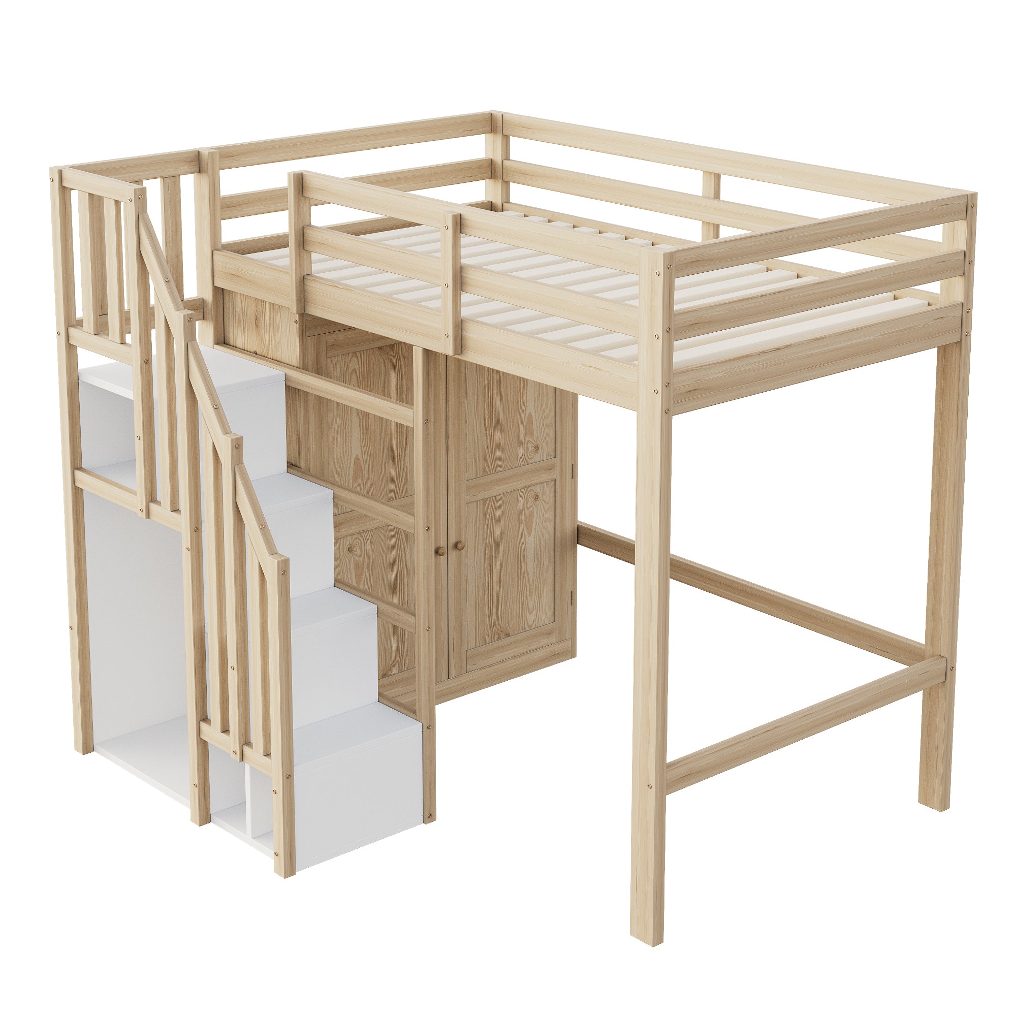Loft Bed 90x200cm Storage Ladder Wardrobe Solid Wood - Natural Wood Color