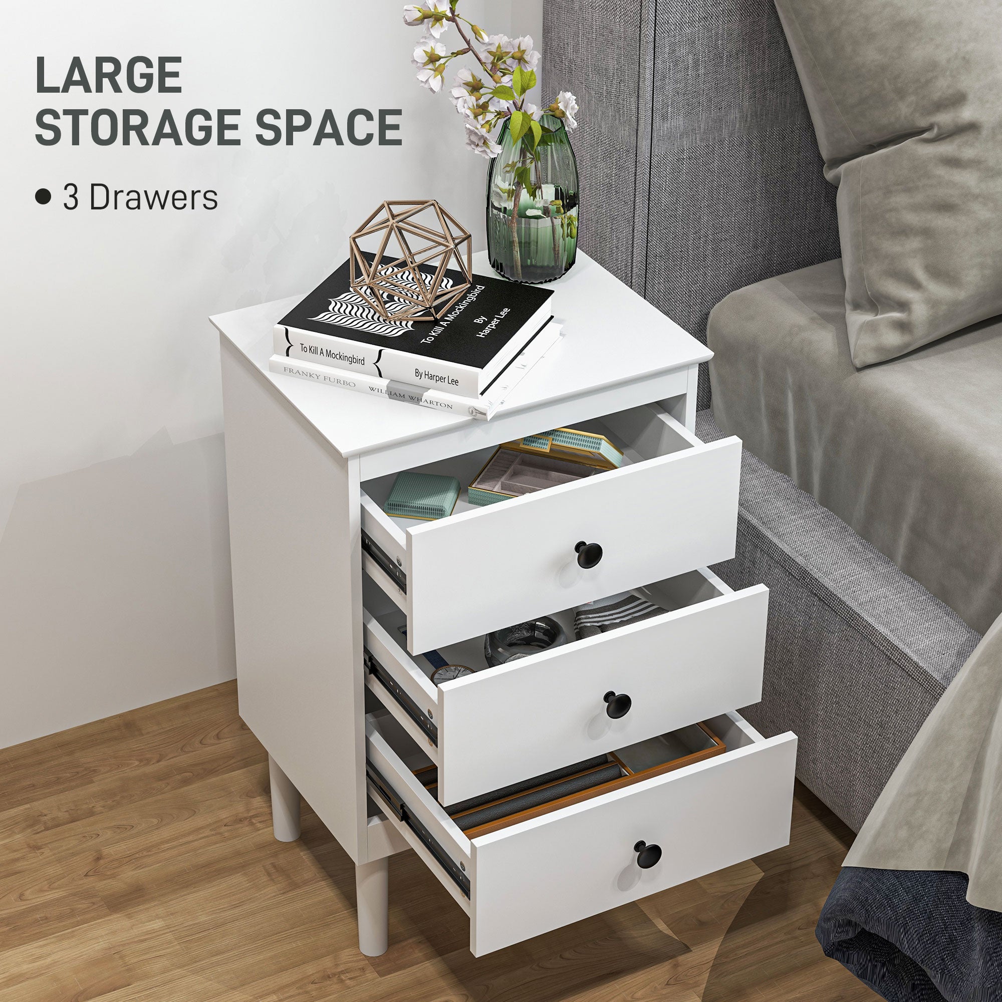 Bedside Table Set of Two Three-Drawer Modern White