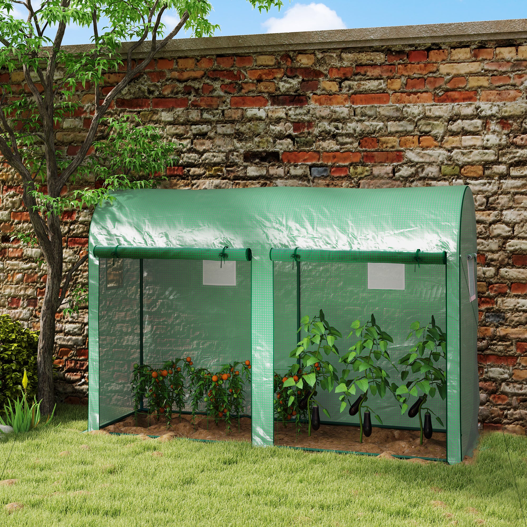 Walk-in Greenhouse, Double Doors & 4 Windows, PE Cover, Green