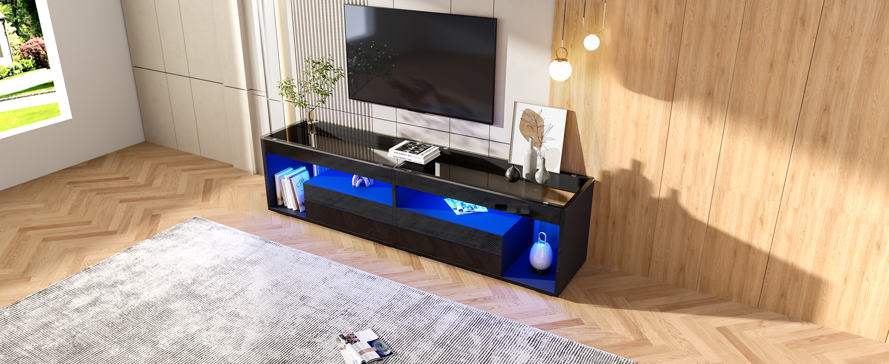 TV Cabinet, LED High-Gloss 70-inch with 2 Drawers, Black