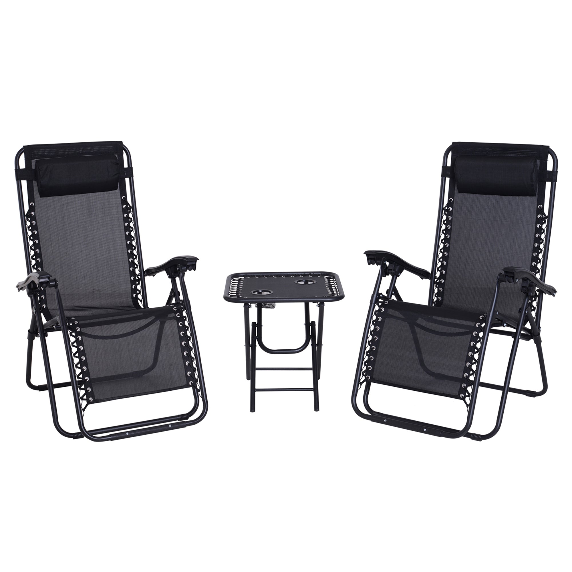 Folding Zero Gravity Chairs, 3-Piece Adjustable Sun Lounger Set with Table and Cup Holder, Black