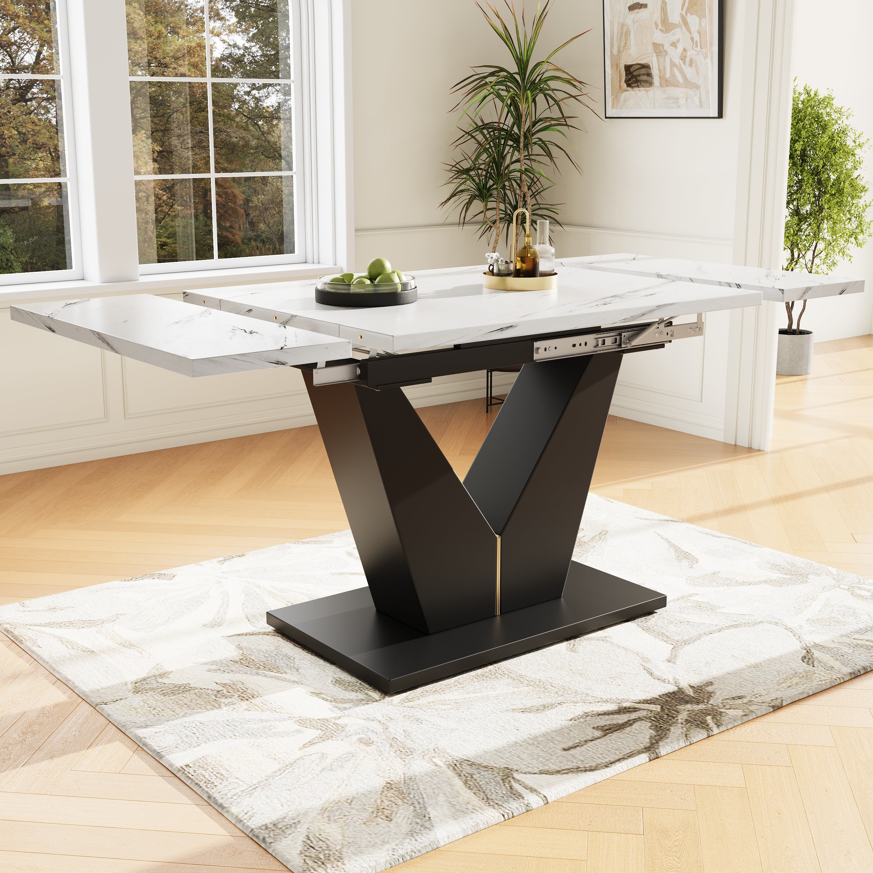 Telescopic Dining Table Extendable 99-159x75cm Space-Saving White V-Shaped Top