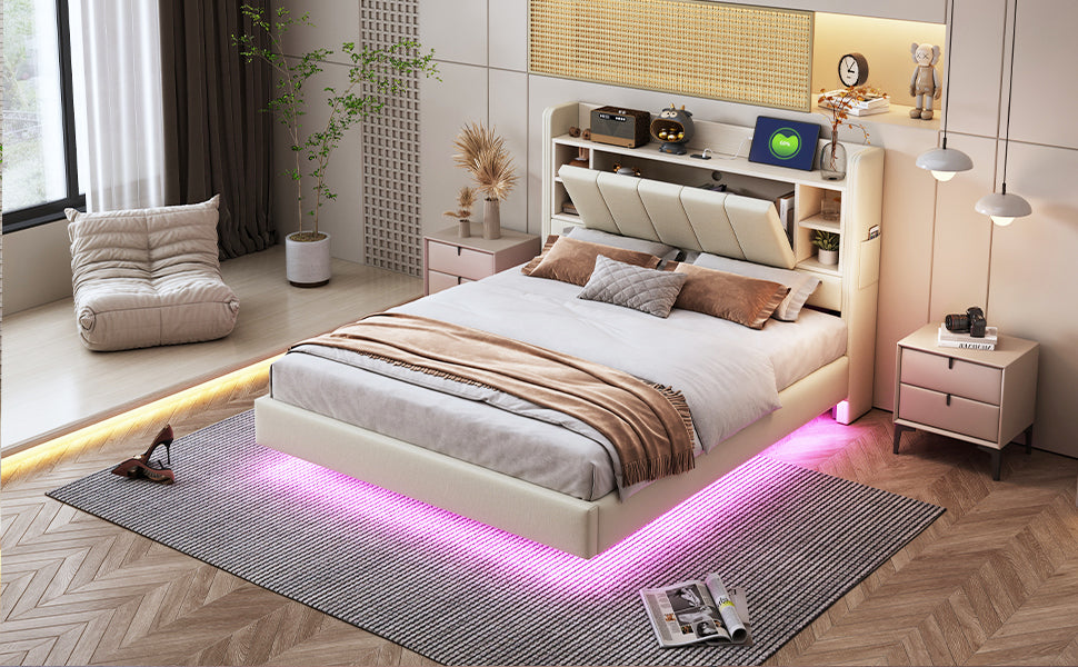Upholstered Bed 140 x 200 cm, USB, Light Strip, Reversible Headboard, Storage, Metal Frame, Linen Fabric, Beige