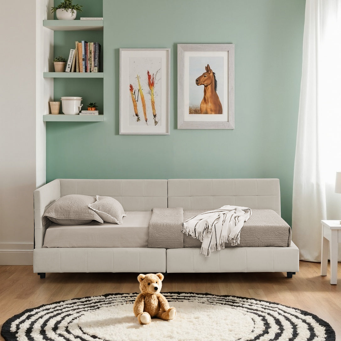 Single Bed 90x200cm High Back Velvet Beige