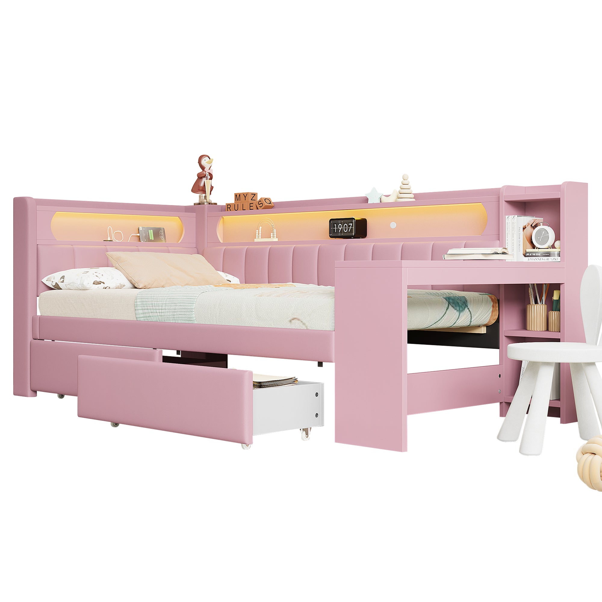 Upholstered Daybed 90x200cm USB LED Desk 2 Drawers - Pink