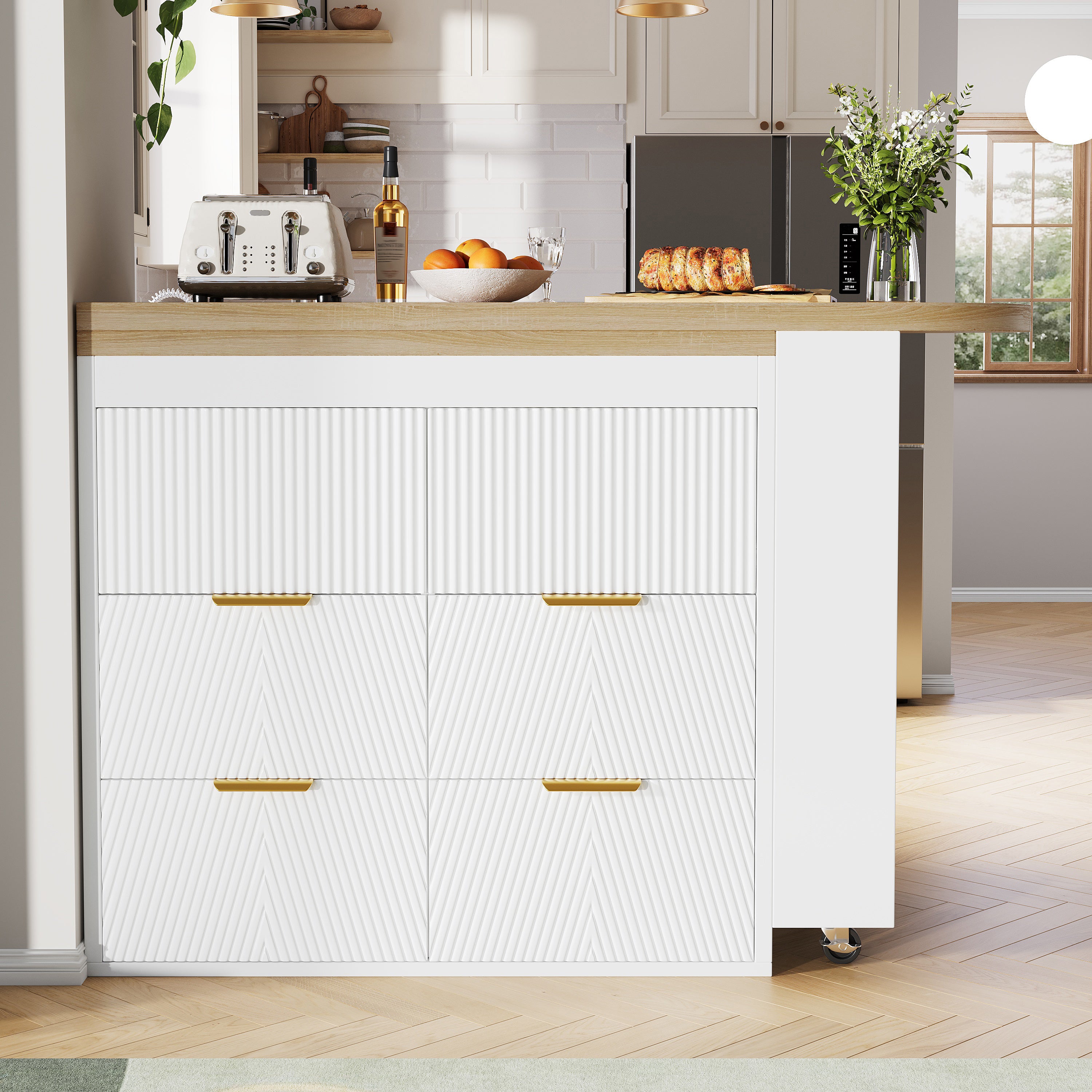 Multifunctional Bar Table with 6 Drawers and 360 Degree Rotation, White