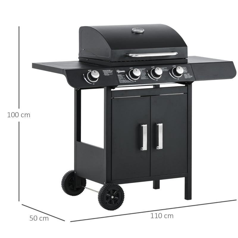 Gas Grill BBQ Cart 3 Burners 1 Side Burner Multifunctional 110x50x100 cm Steel Black