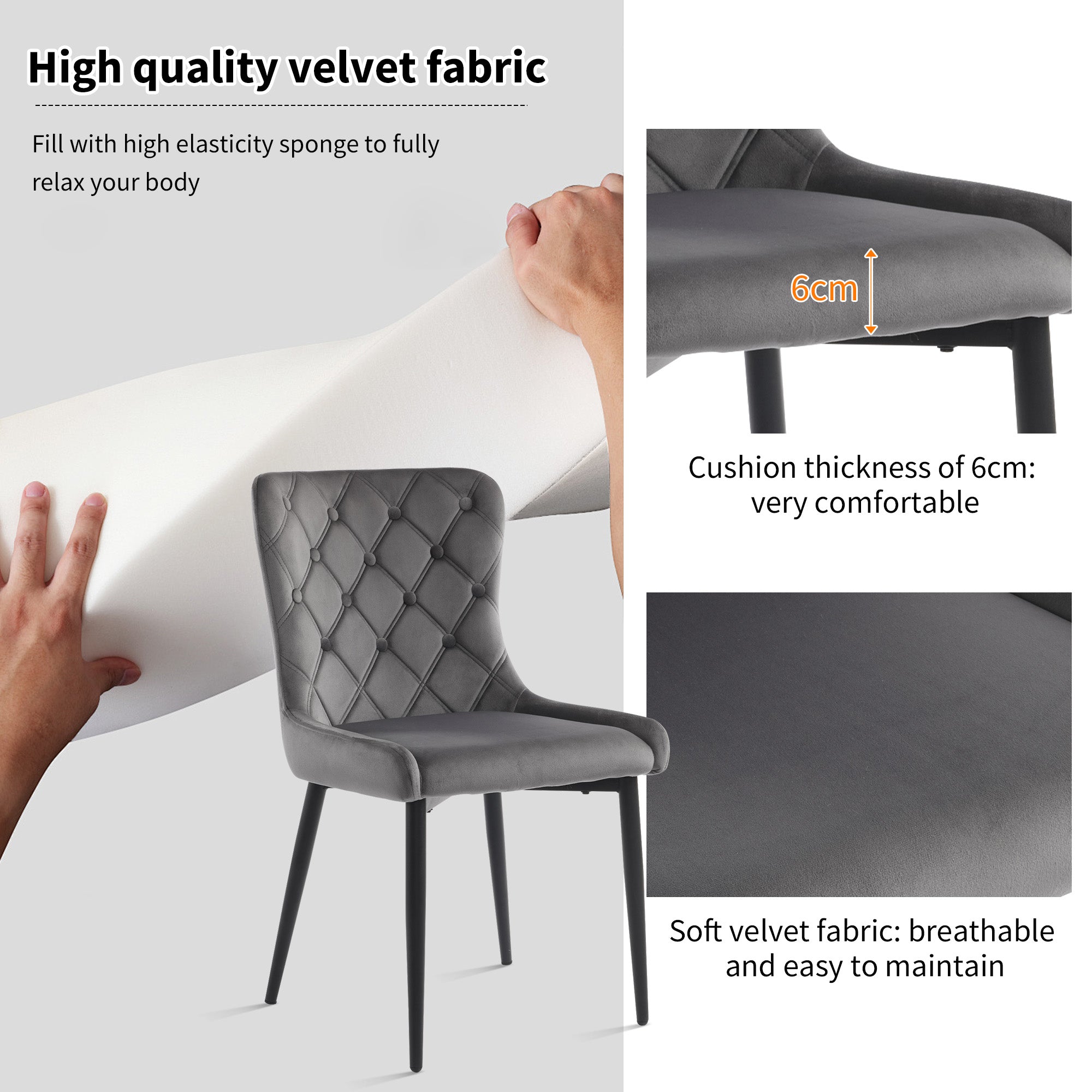 Dining Chairs with Backrest (Set of 2), Velvet Upholstered, Metal, Ergonomic, Dark Gray