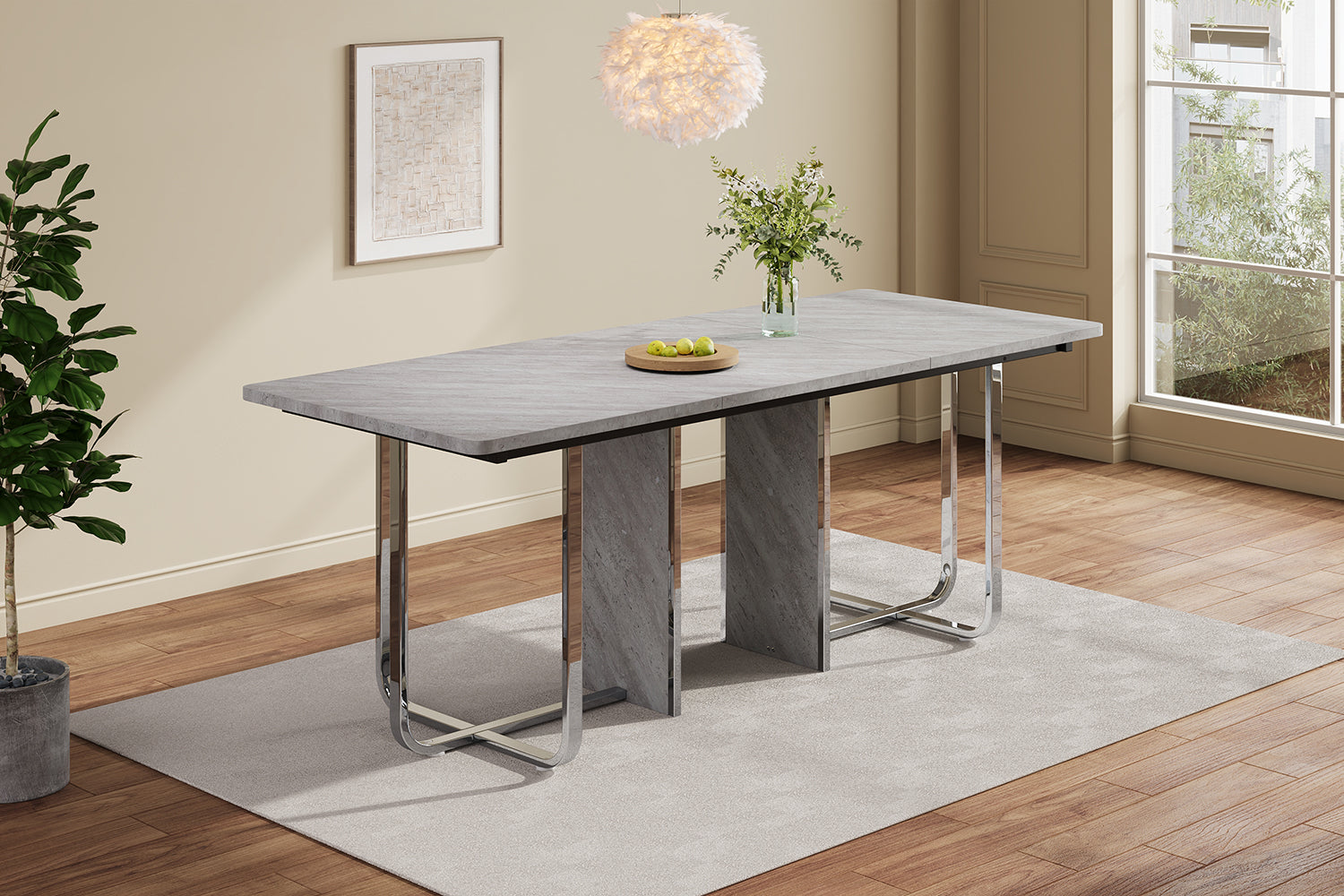 Dining Table 180x80cm Rectangular 6-Seater Metal Legs - Grey/Silver